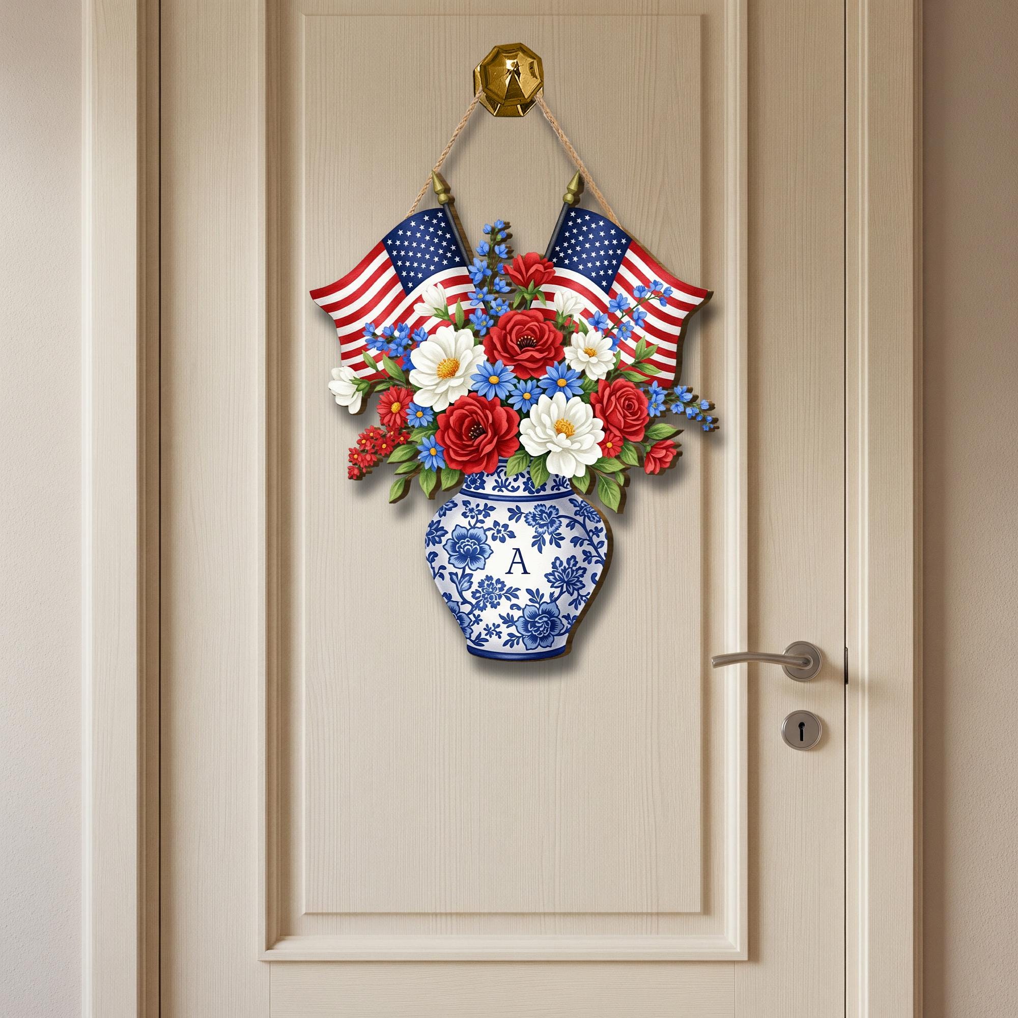 Patriotic Door Sign, 4th of July Floral Wall Hanging, Wooden USA Decor, Red White Blue Vase Sign, American Flag Door Decor, 4th July Gift
