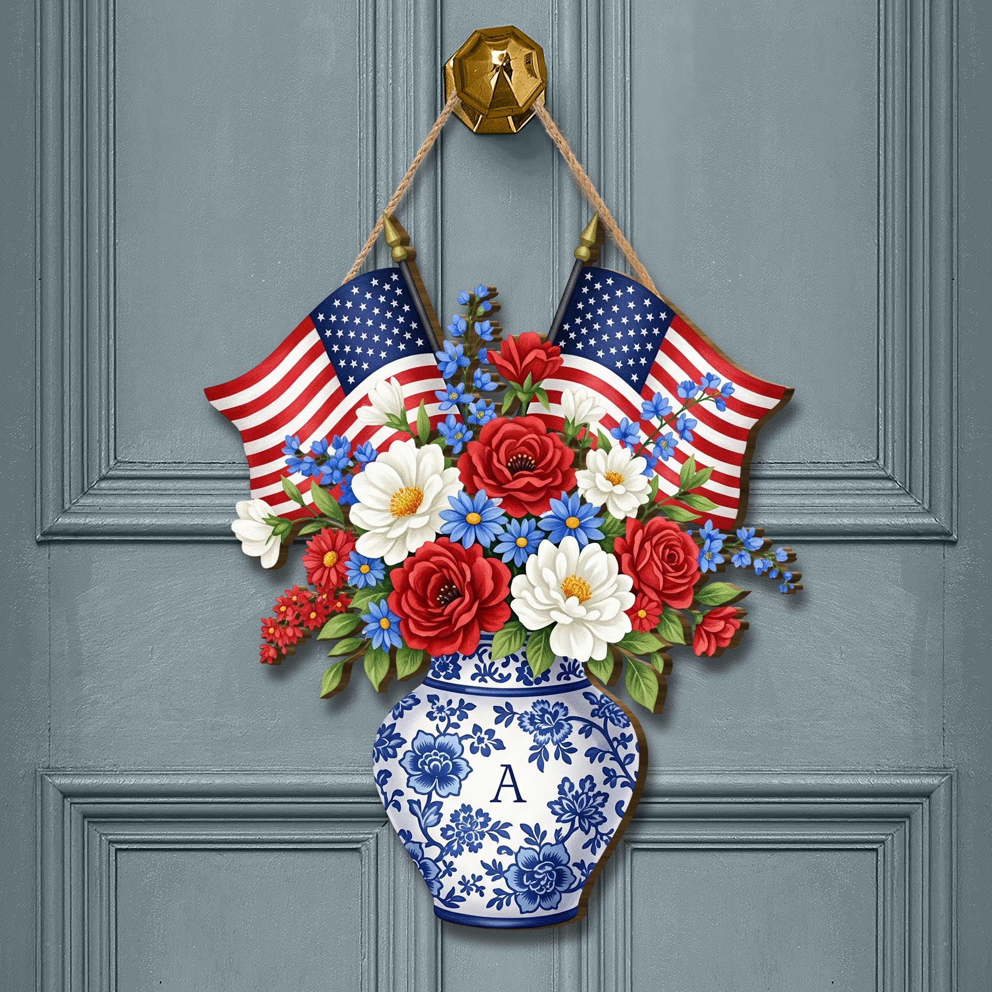 Patriotic Door Sign, 4th of July Floral Wall Hanging, Wooden USA Decor, Red White Blue Vase Sign, American Flag Door Decor, 4th July Gift