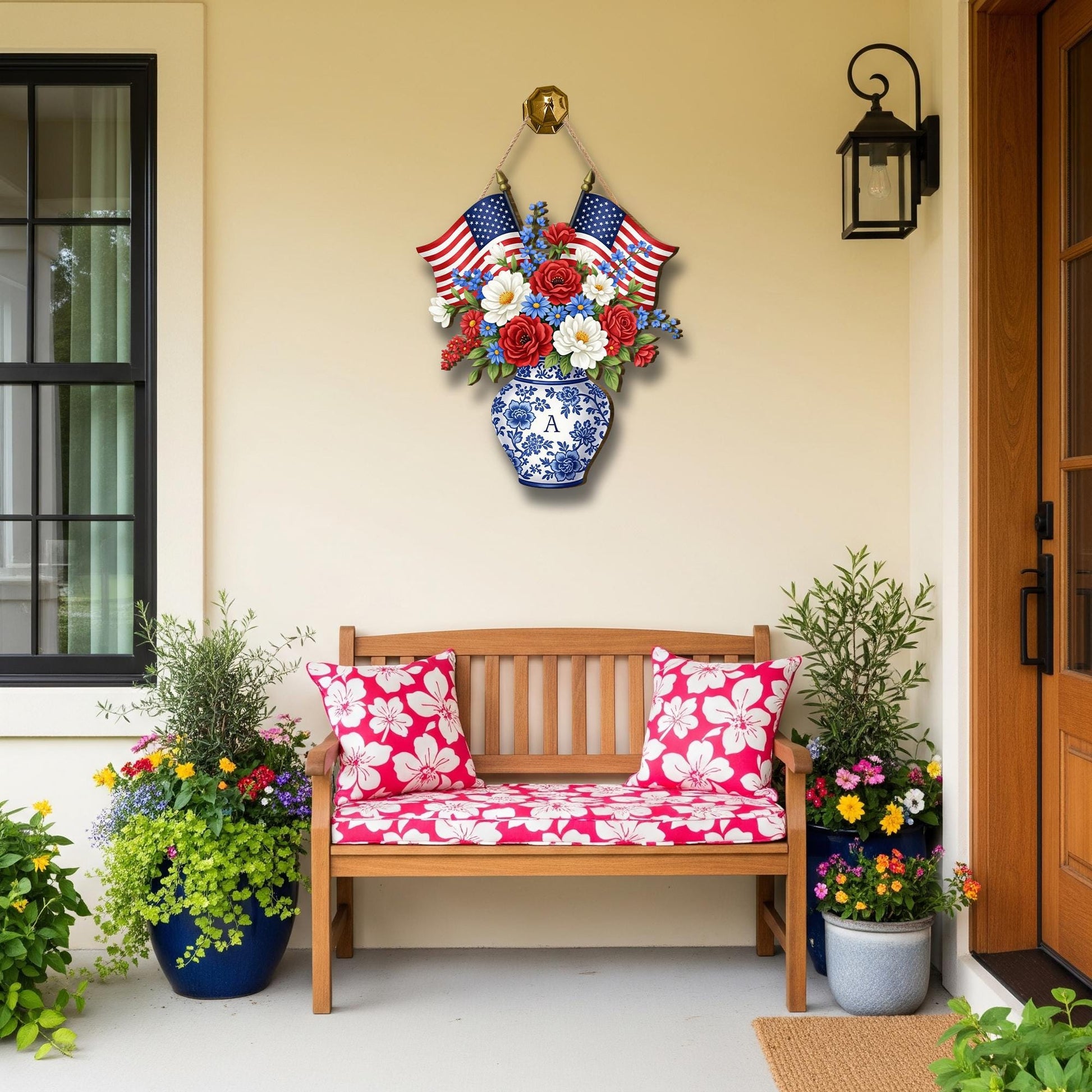 Patriotic Door Sign, 4th of July Floral Wall Hanging, Wooden USA Decor, Red White Blue Vase Sign, American Flag Door Decor, 4th July Gift