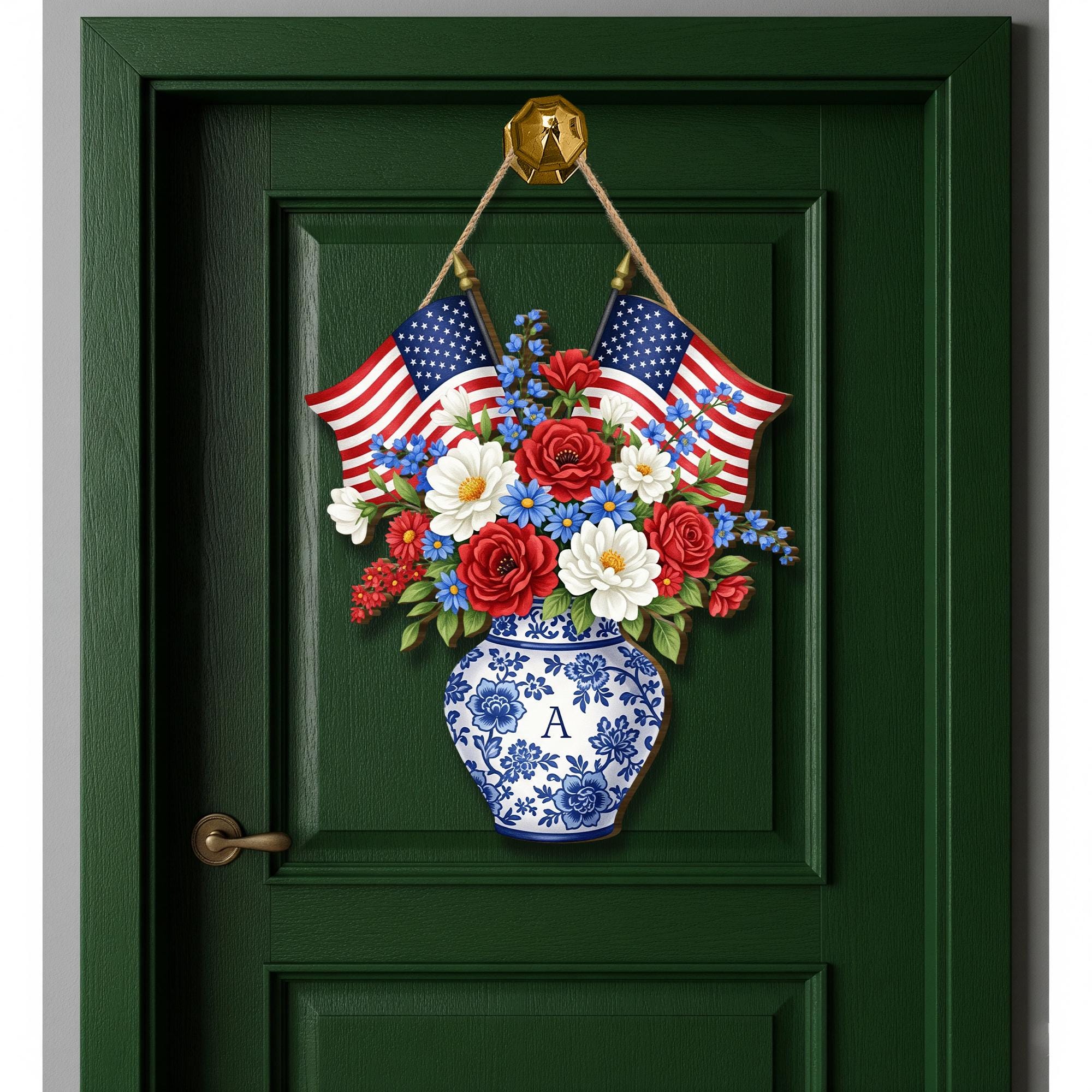 Patriotic Door Sign, 4th of July Floral Wall Hanging, Wooden USA Decor, Red White Blue Vase Sign, American Flag Door Decor, 4th July Gift