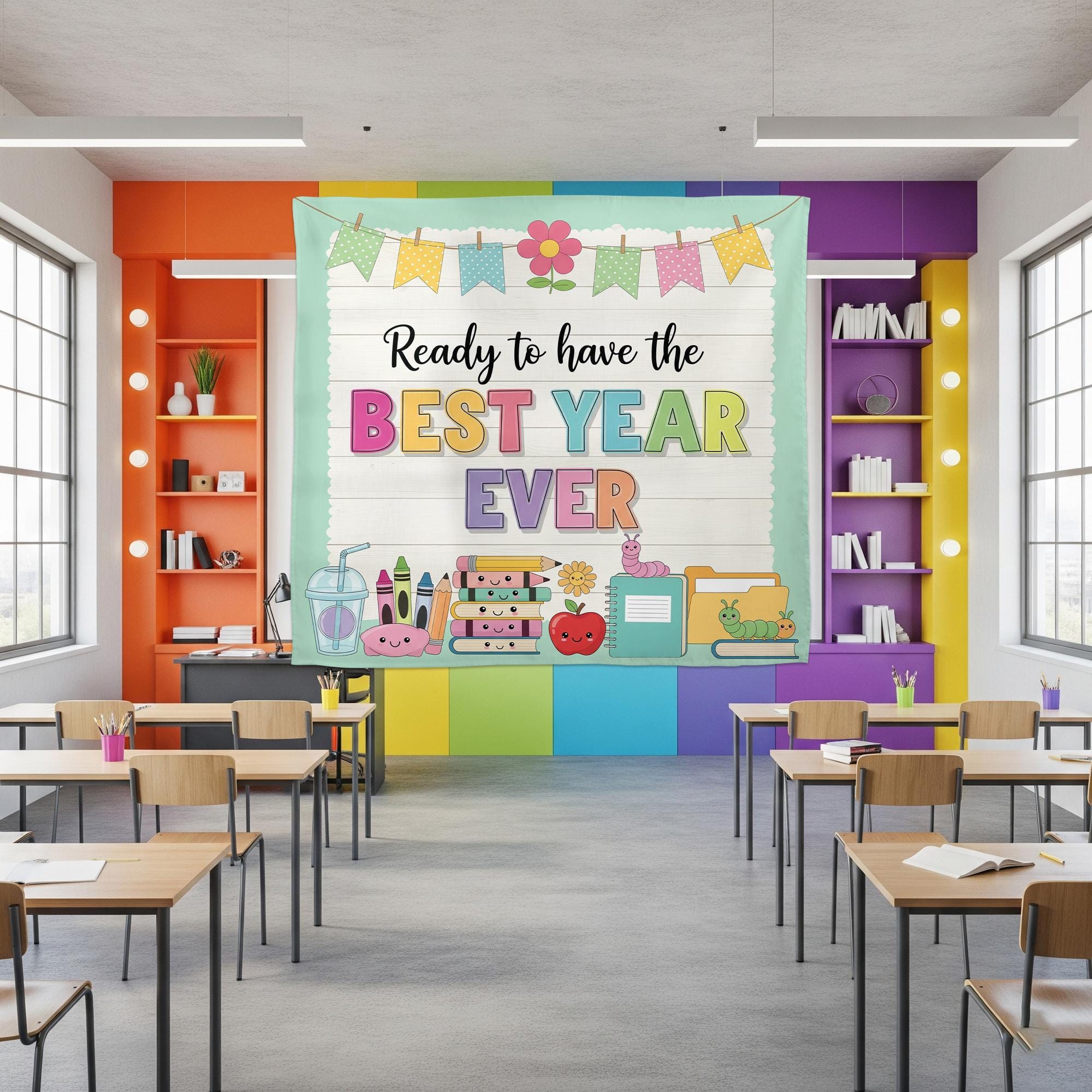 Ready to Have the Best Year Ever Wall Tapestry – Cute Back to School Classroom Banner, Teacher Decor for Bulletin Boards or Walls