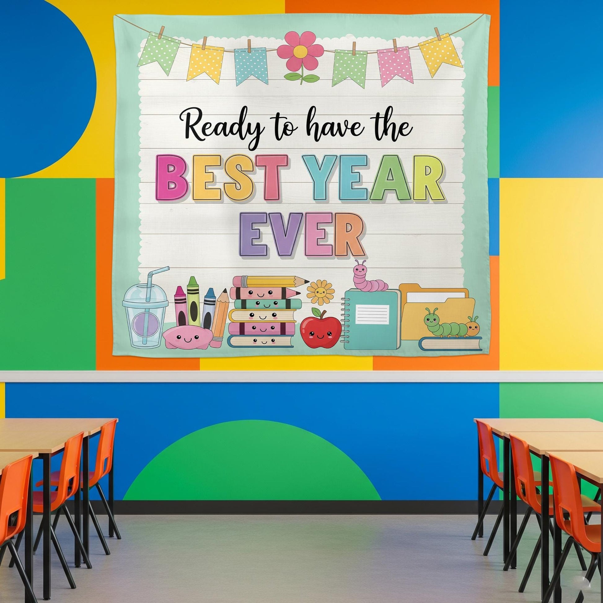 Ready to Have the Best Year Ever Wall Tapestry – Cute Back to School Classroom Banner, Teacher Decor for Bulletin Boards or Walls