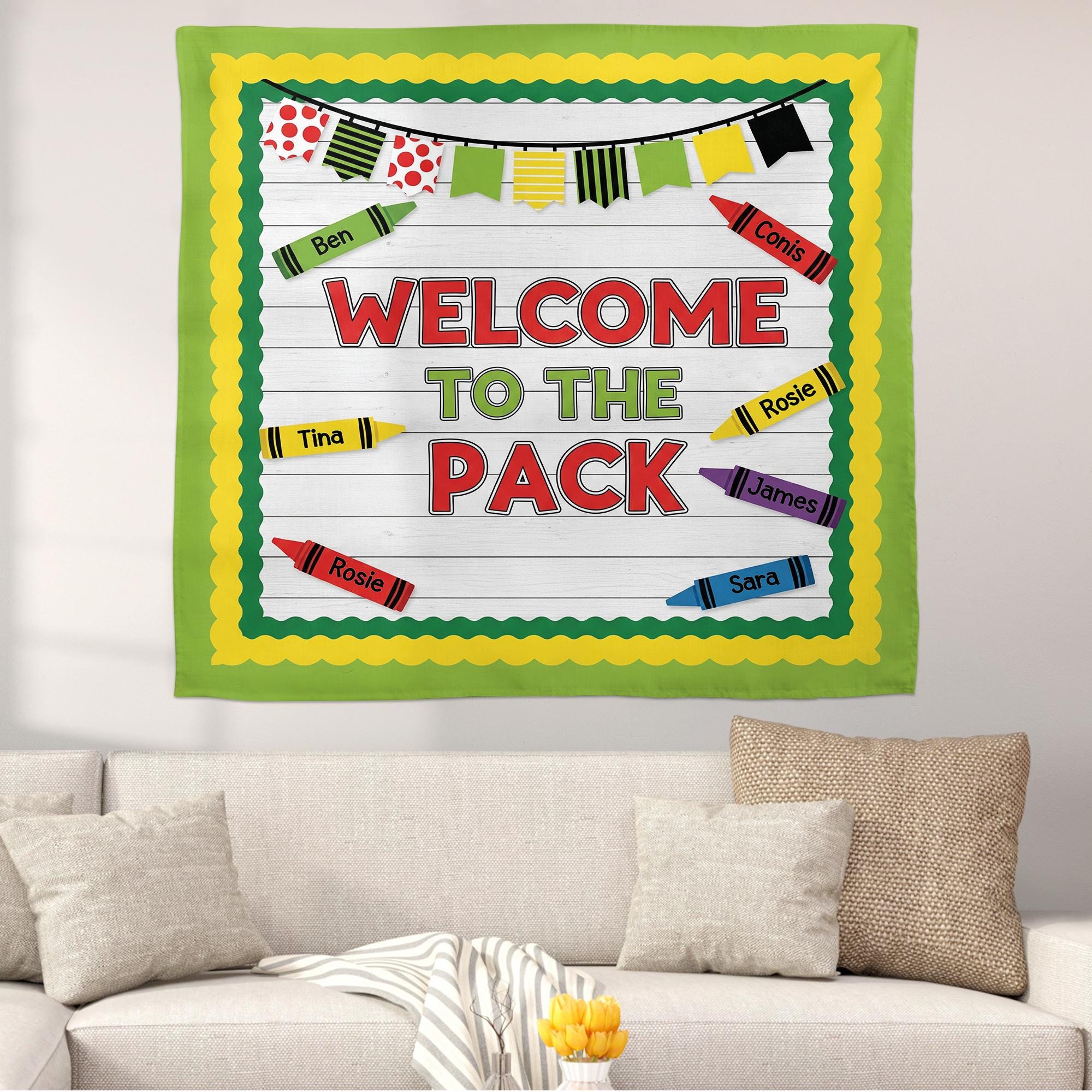 Welcome to the Pack Classroom Tapestry – Crayon Student Name Banner Wall Decor, Back to School Teacher Sign, Cute Bulletin Board Display