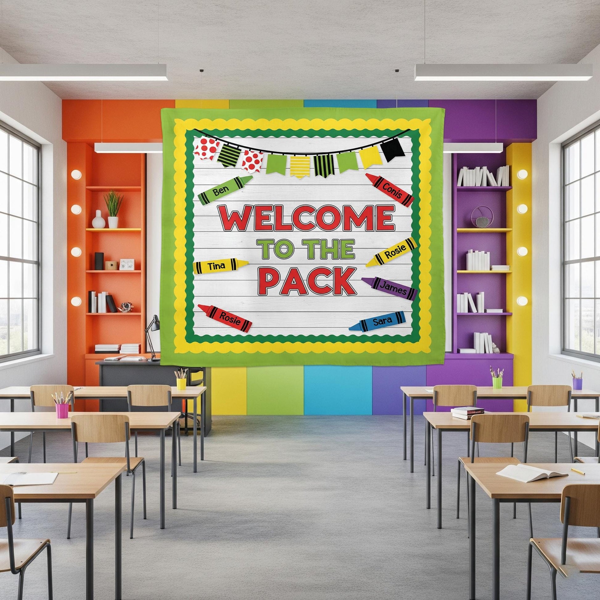 Welcome to the Pack Classroom Tapestry – Crayon Student Name Banner Wall Decor, Back to School Teacher Sign, Cute Bulletin Board Display