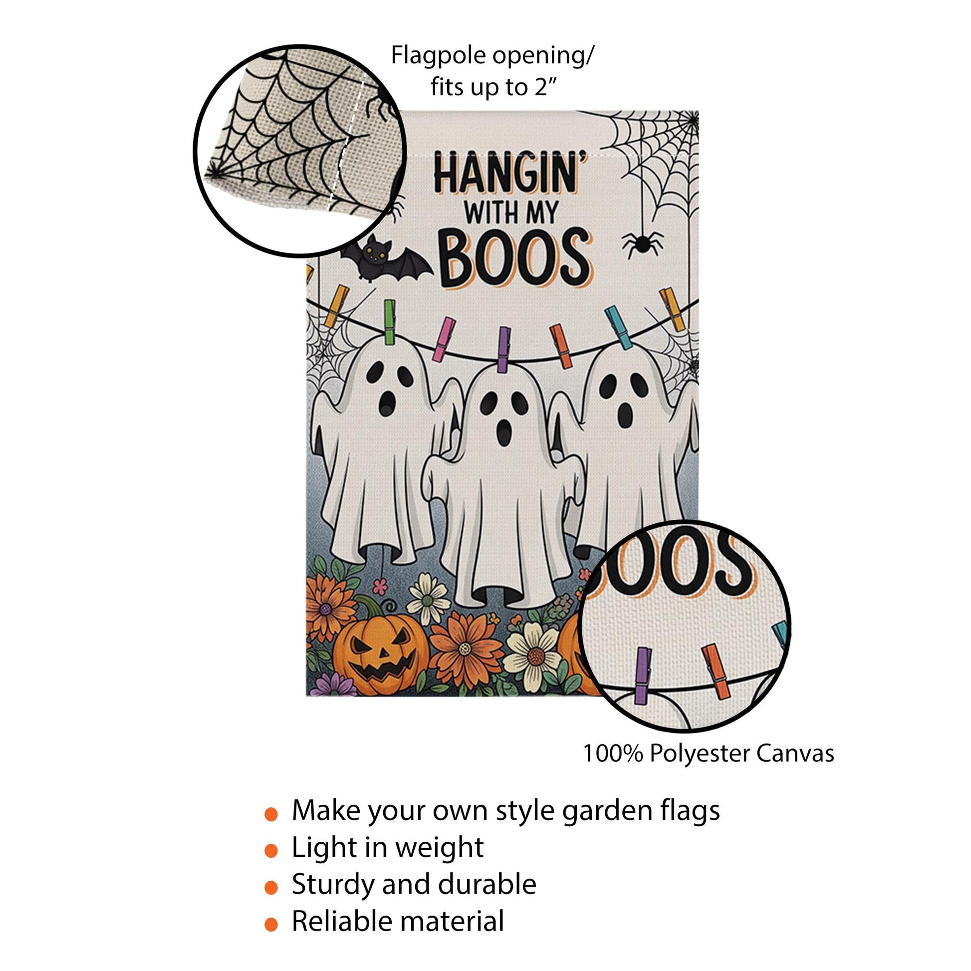 Hangin' With My Boos Garden Flag - Funny Halloween Ghost Yard Decor with Pumpkins and Flowers, Cute Spooky Outdoor Sign for Fall