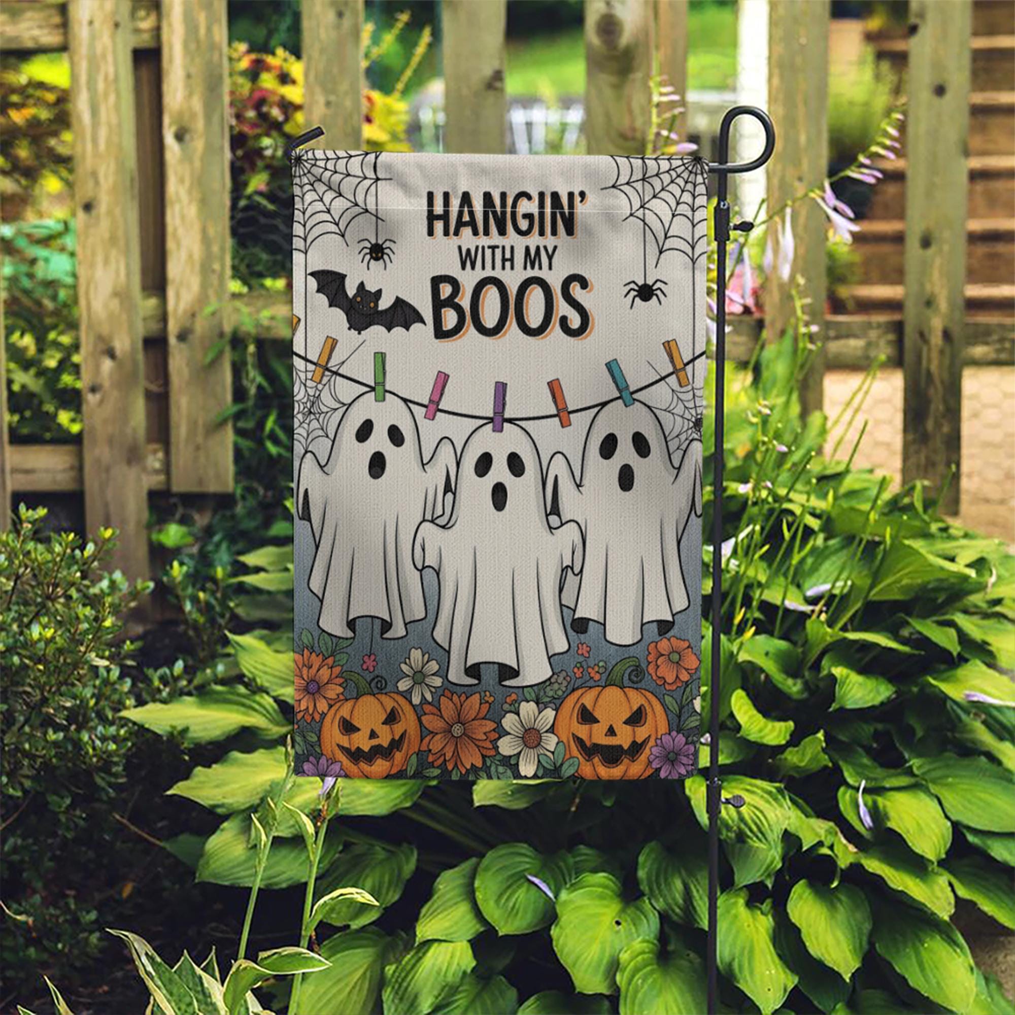 Hangin' With My Boos Garden Flag - Funny Halloween Ghost Yard Decor with Pumpkins and Flowers, Cute Spooky Outdoor Sign for Fall