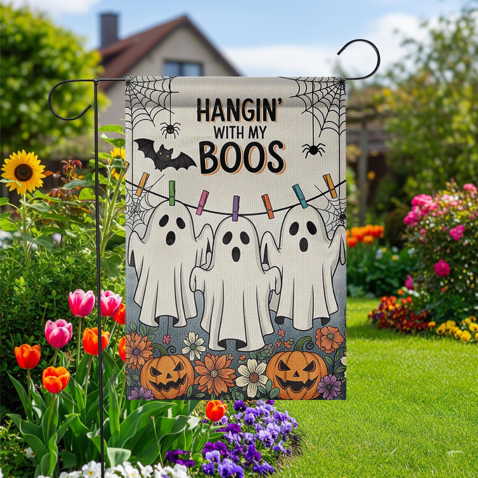 Hangin' With My Boos Garden Flag - Funny Halloween Ghost Yard Decor with Pumpkins and Flowers, Cute Spooky Outdoor Sign for Fall