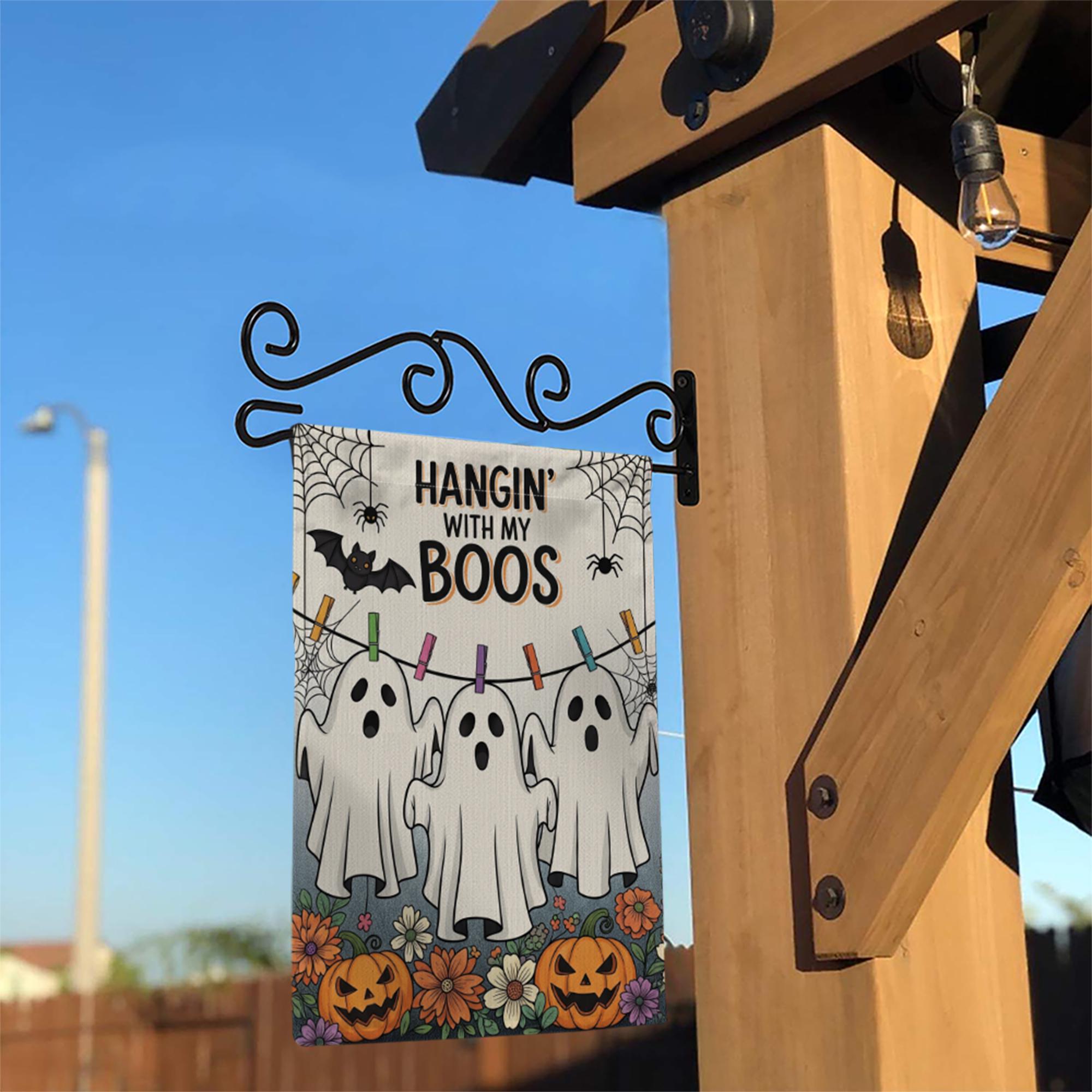 Hangin' With My Boos Garden Flag - Funny Halloween Ghost Yard Decor with Pumpkins and Flowers, Cute Spooky Outdoor Sign for Fall