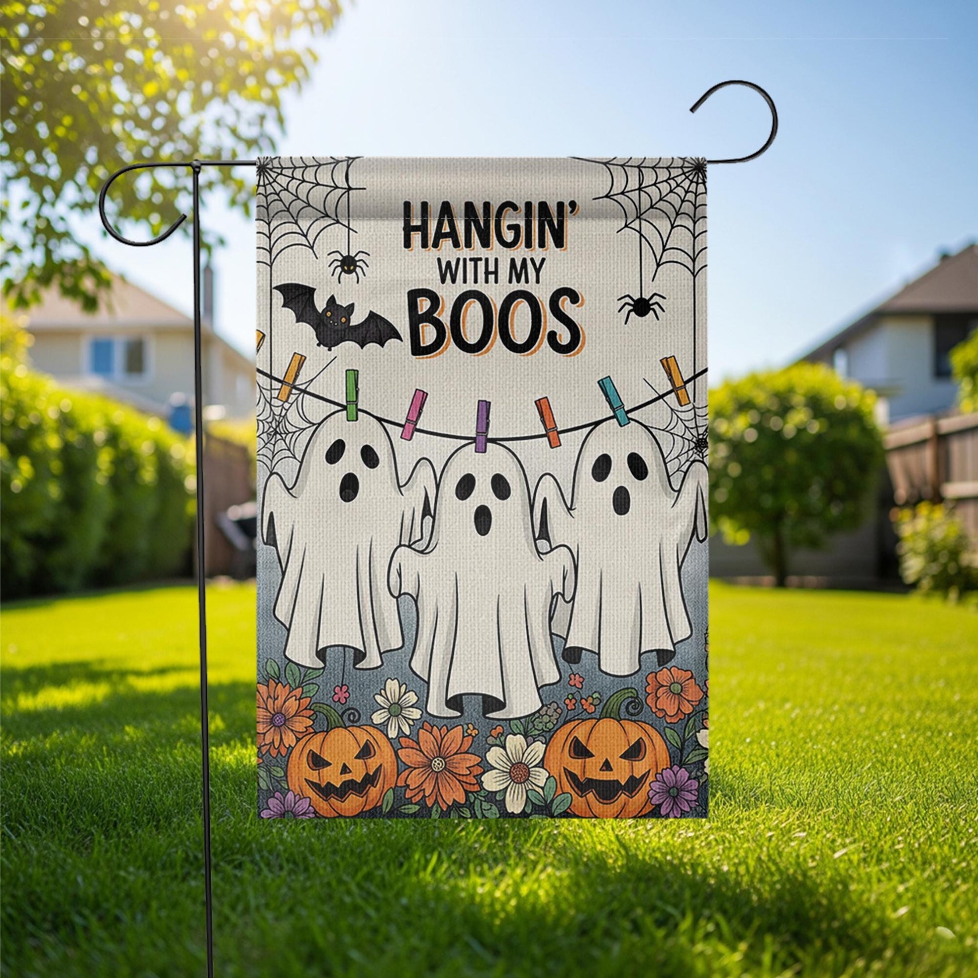 Hangin' With My Boos Garden Flag - Funny Halloween Ghost Yard Decor with Pumpkins and Flowers, Cute Spooky Outdoor Sign for Fall