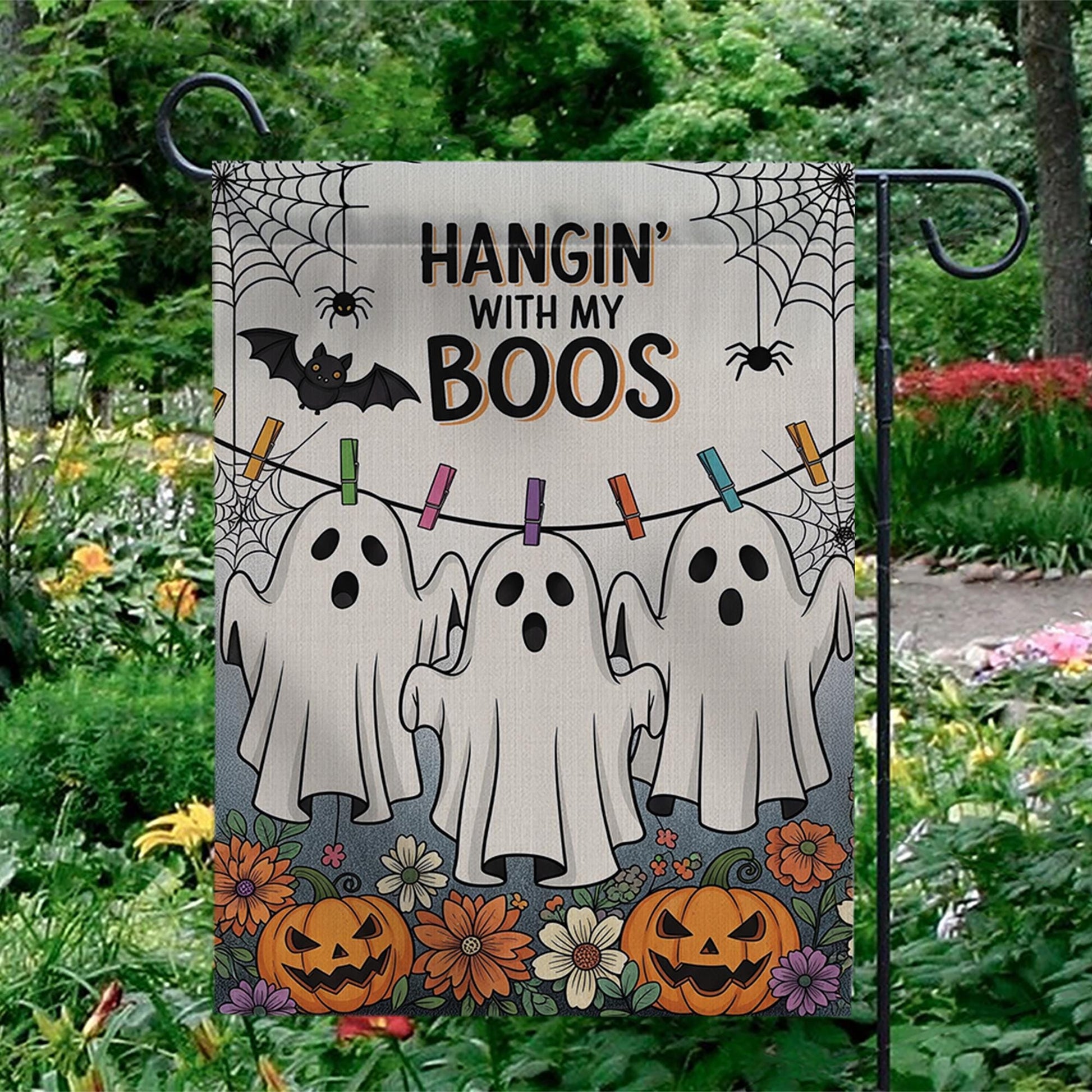 Hangin' With My Boos Garden Flag - Funny Halloween Ghost Yard Decor with Pumpkins and Flowers, Cute Spooky Outdoor Sign for Fall