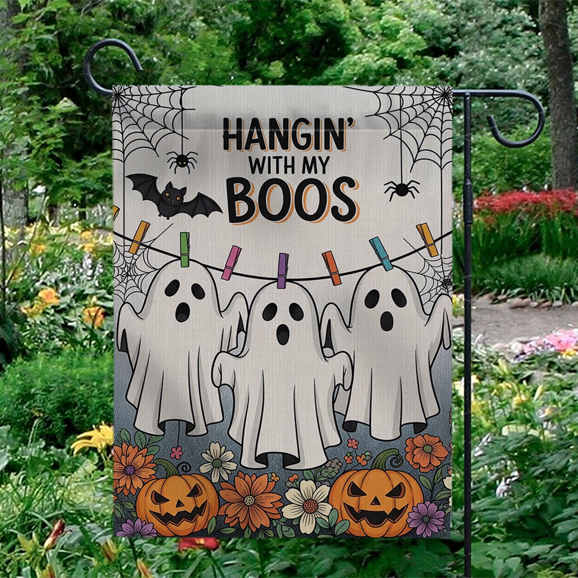 Hangin' With My Boos Garden Flag - Funny Halloween Ghost Yard Decor with Pumpkins and Flowers, Cute Spooky Outdoor Sign for Fall