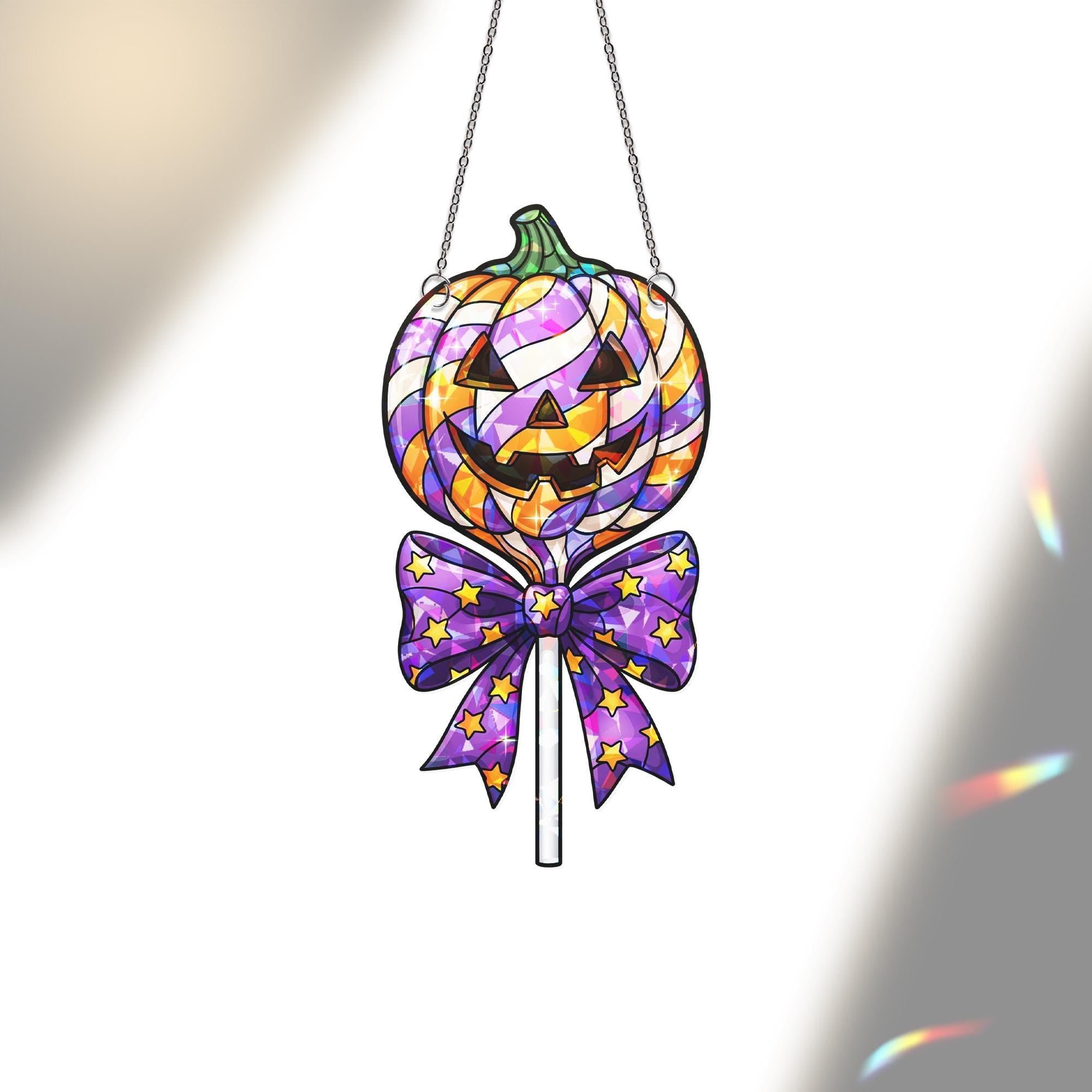 Halloween Pumpkin Stained Glass Suncatcher - Jack-o'-Lantern Window Hanging Decoration