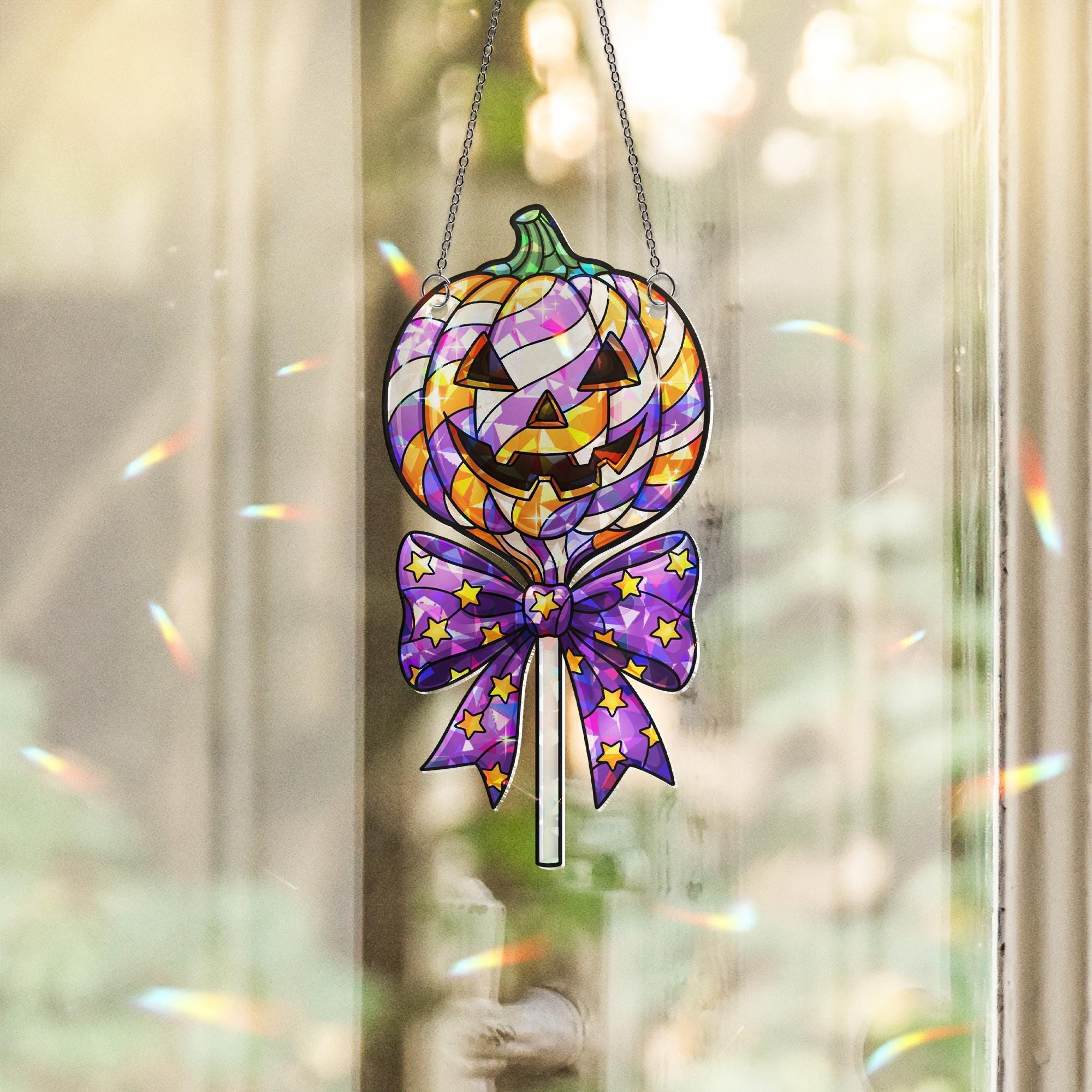 Halloween Pumpkin Stained Glass Suncatcher - Jack-o'-Lantern Window Hanging Decoration
