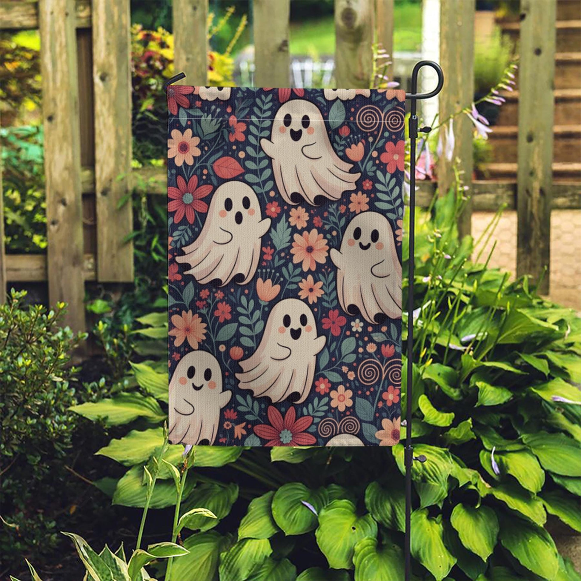Cute Ghost Floral Halloween Garden Flag - Whimsical Fall Yard Decor with Smiling Spirits and Flowers, Fun Spooky Outdoor Sign