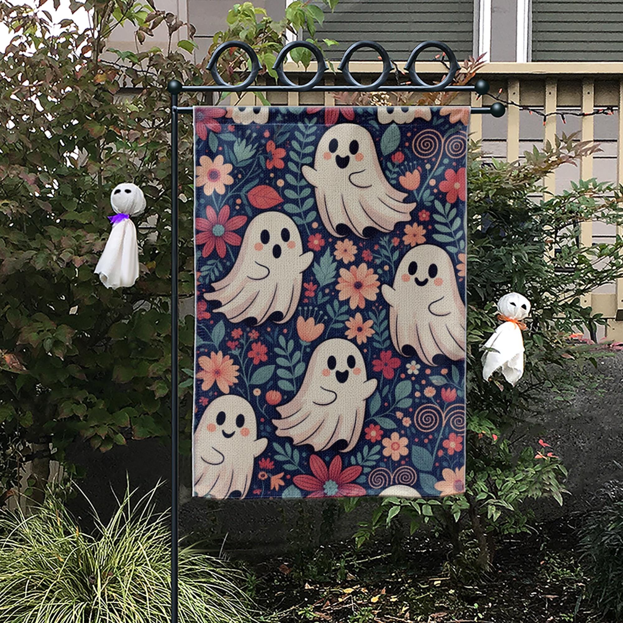 Cute Ghost Floral Halloween Garden Flag - Whimsical Fall Yard Decor with Smiling Spirits and Flowers, Fun Spooky Outdoor Sign