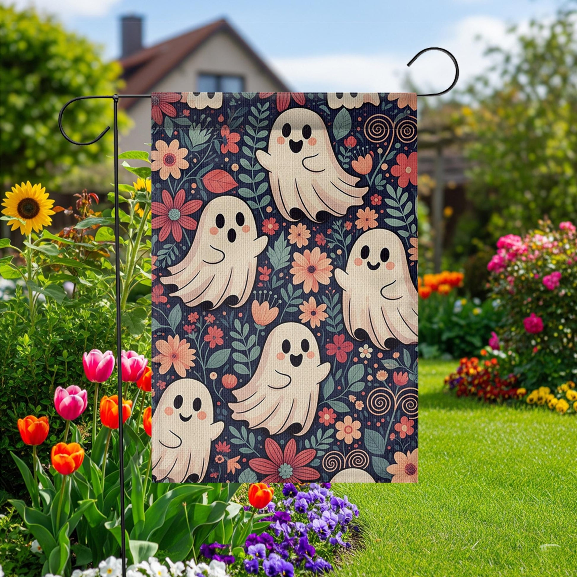 Cute Ghost Floral Halloween Garden Flag - Whimsical Fall Yard Decor with Smiling Spirits and Flowers, Fun Spooky Outdoor Sign