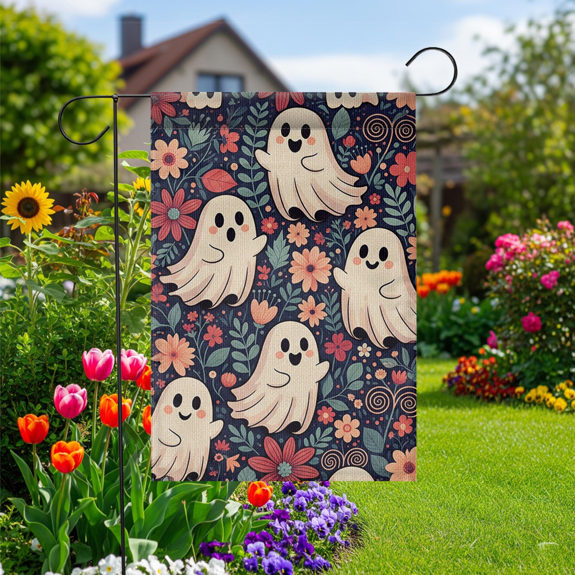 Cute Ghost Floral Halloween Garden Flag - Whimsical Fall Yard Decor with Smiling Spirits and Flowers, Fun Spooky Outdoor Sign