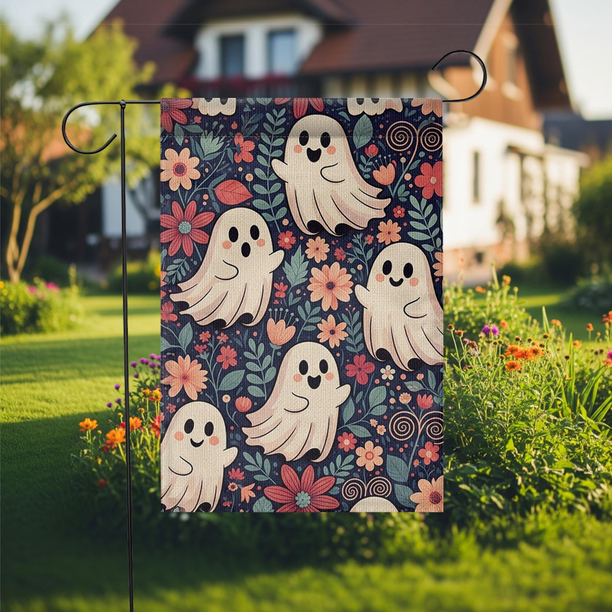 Cute Ghost Floral Halloween Garden Flag - Whimsical Fall Yard Decor with Smiling Spirits and Flowers, Fun Spooky Outdoor Sign