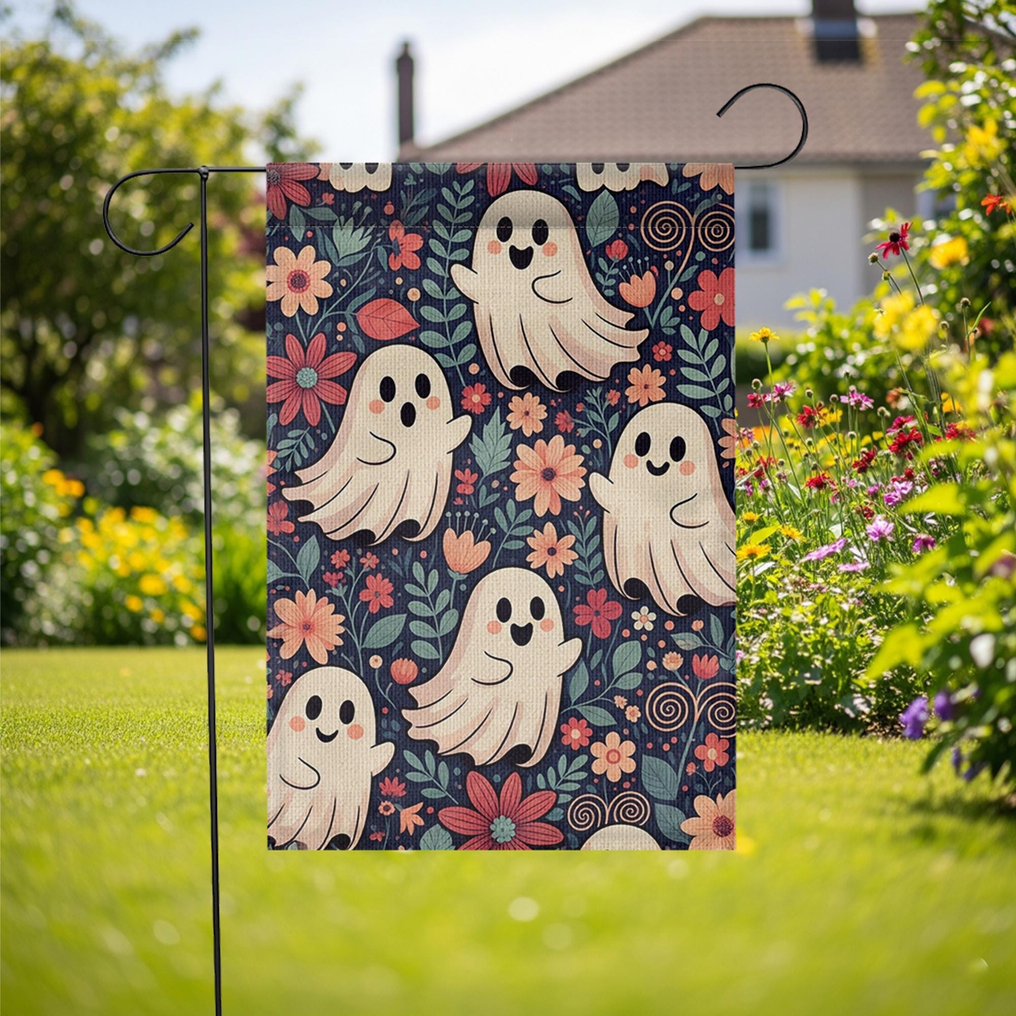 Cute Ghost Floral Halloween Garden Flag - Whimsical Fall Yard Decor with Smiling Spirits and Flowers, Fun Spooky Outdoor Sign