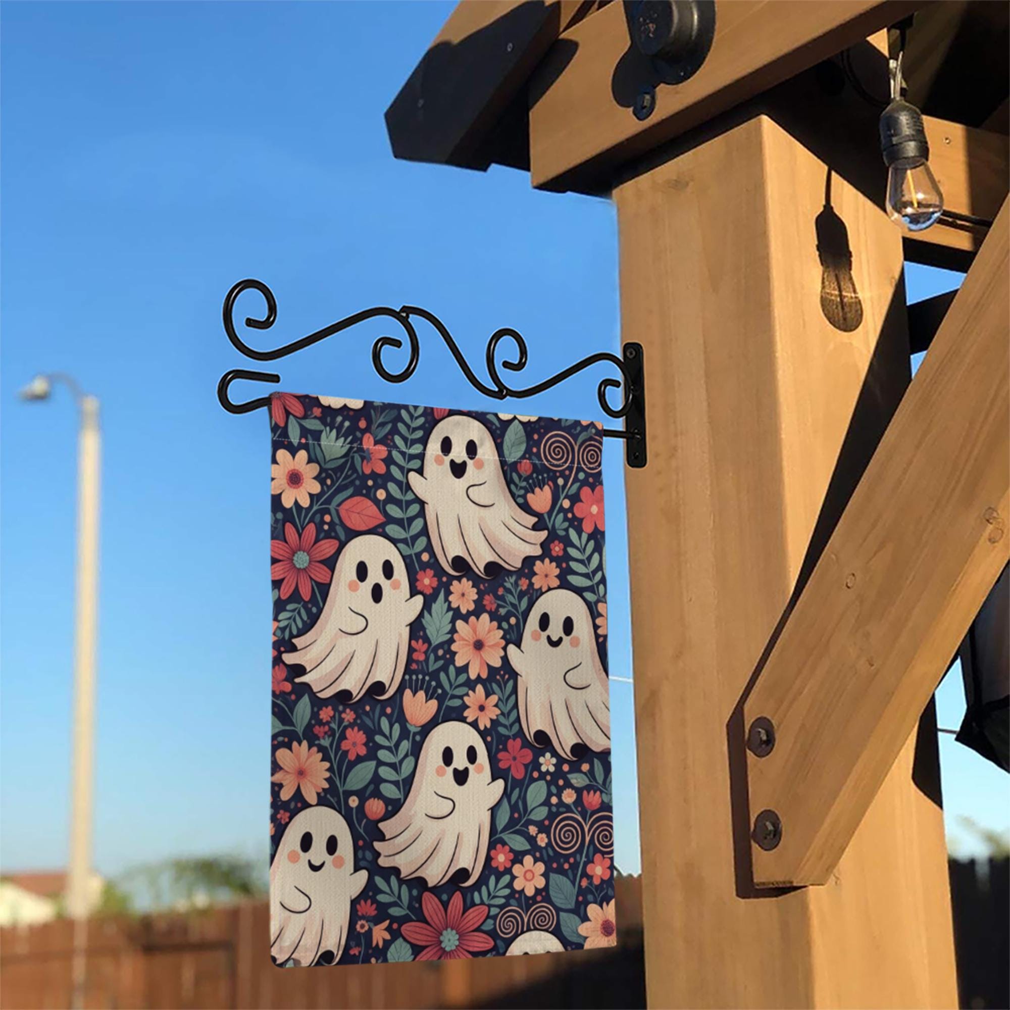 Cute Ghost Floral Halloween Garden Flag - Whimsical Fall Yard Decor with Smiling Spirits and Flowers, Fun Spooky Outdoor Sign
