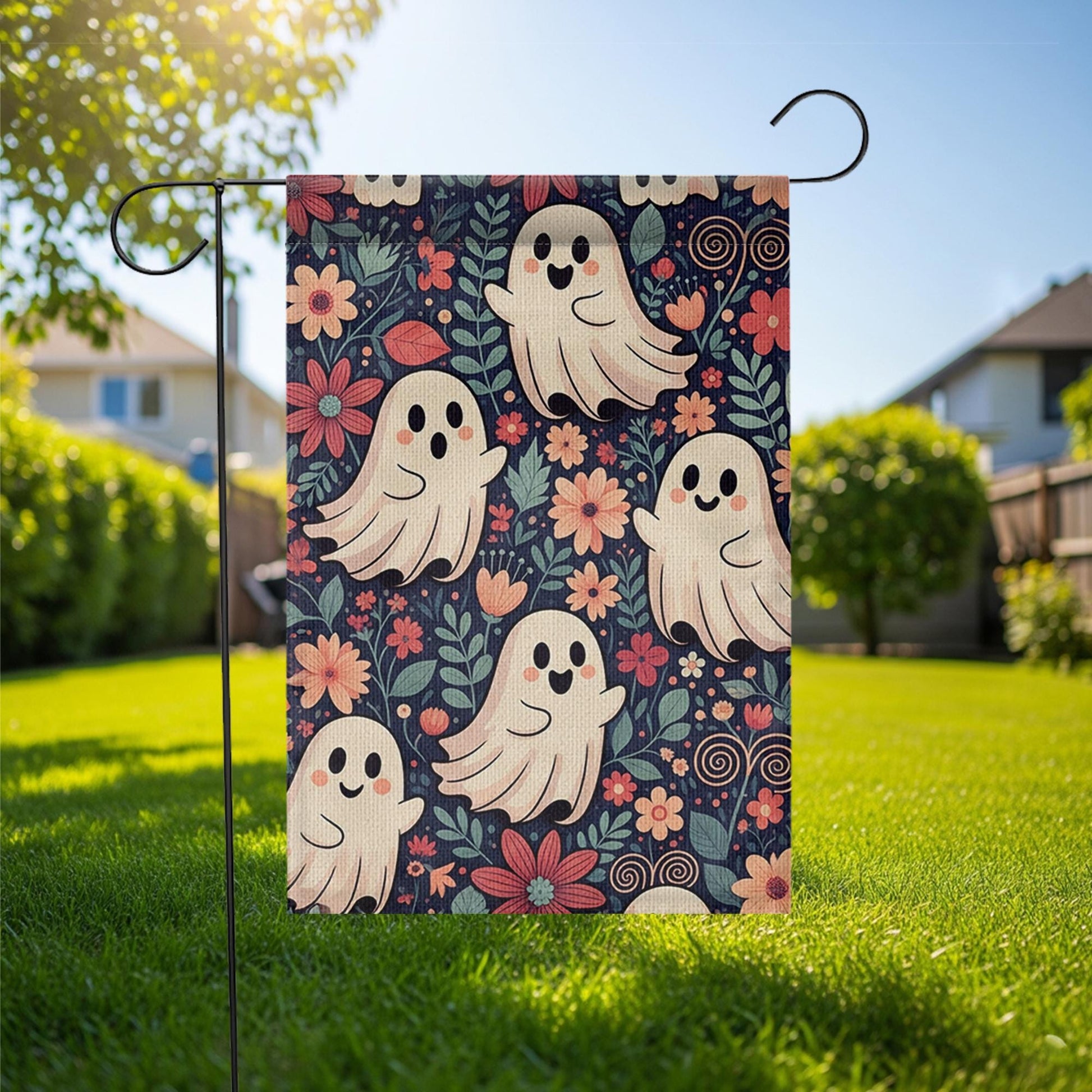 Cute Ghost Floral Halloween Garden Flag - Whimsical Fall Yard Decor with Smiling Spirits and Flowers, Fun Spooky Outdoor Sign