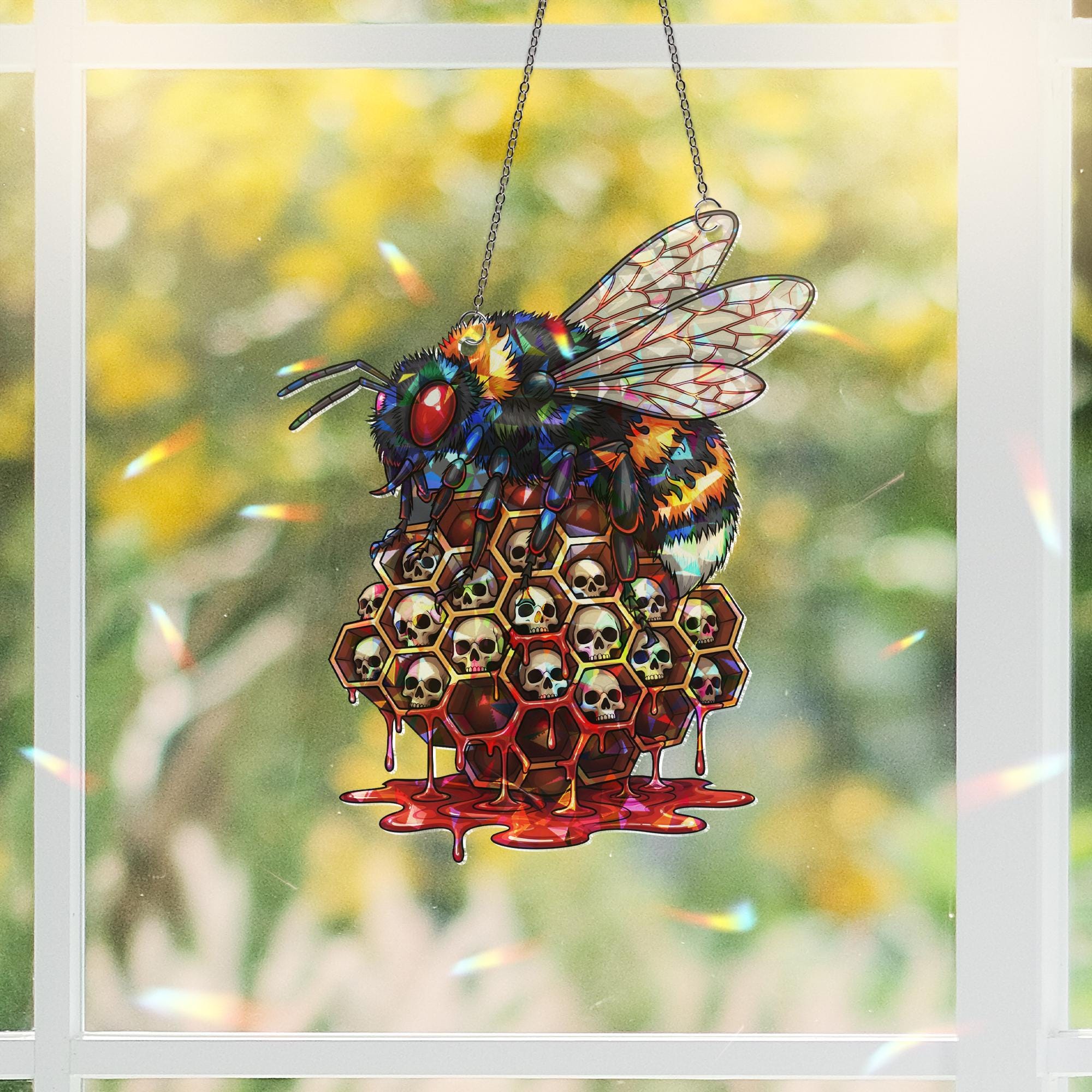 Gothic Bee Stained Glass Suncatcher - Skull Honeycomb Horror Window Decor