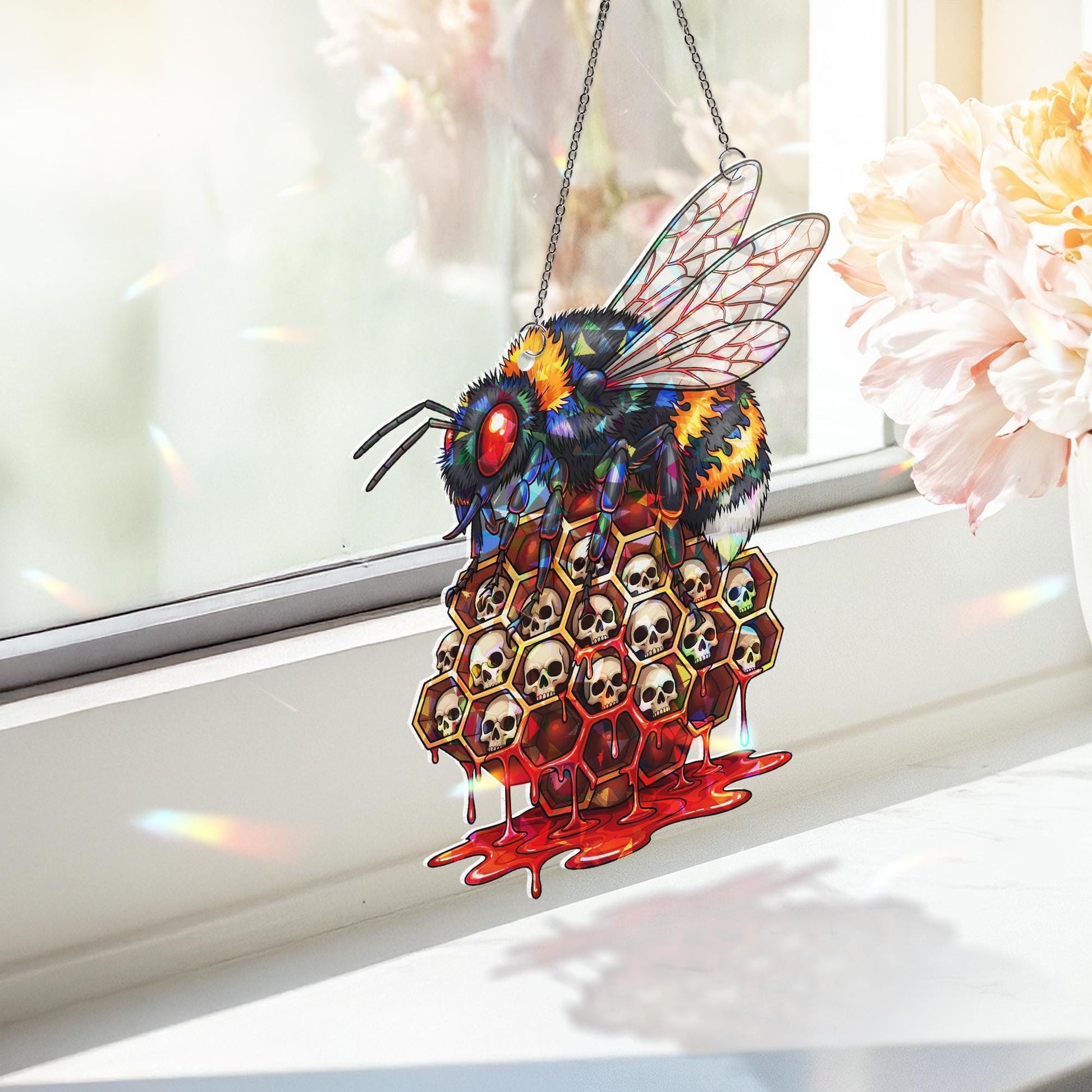 Gothic Bee Stained Glass Suncatcher - Skull Honeycomb Horror Window Decor