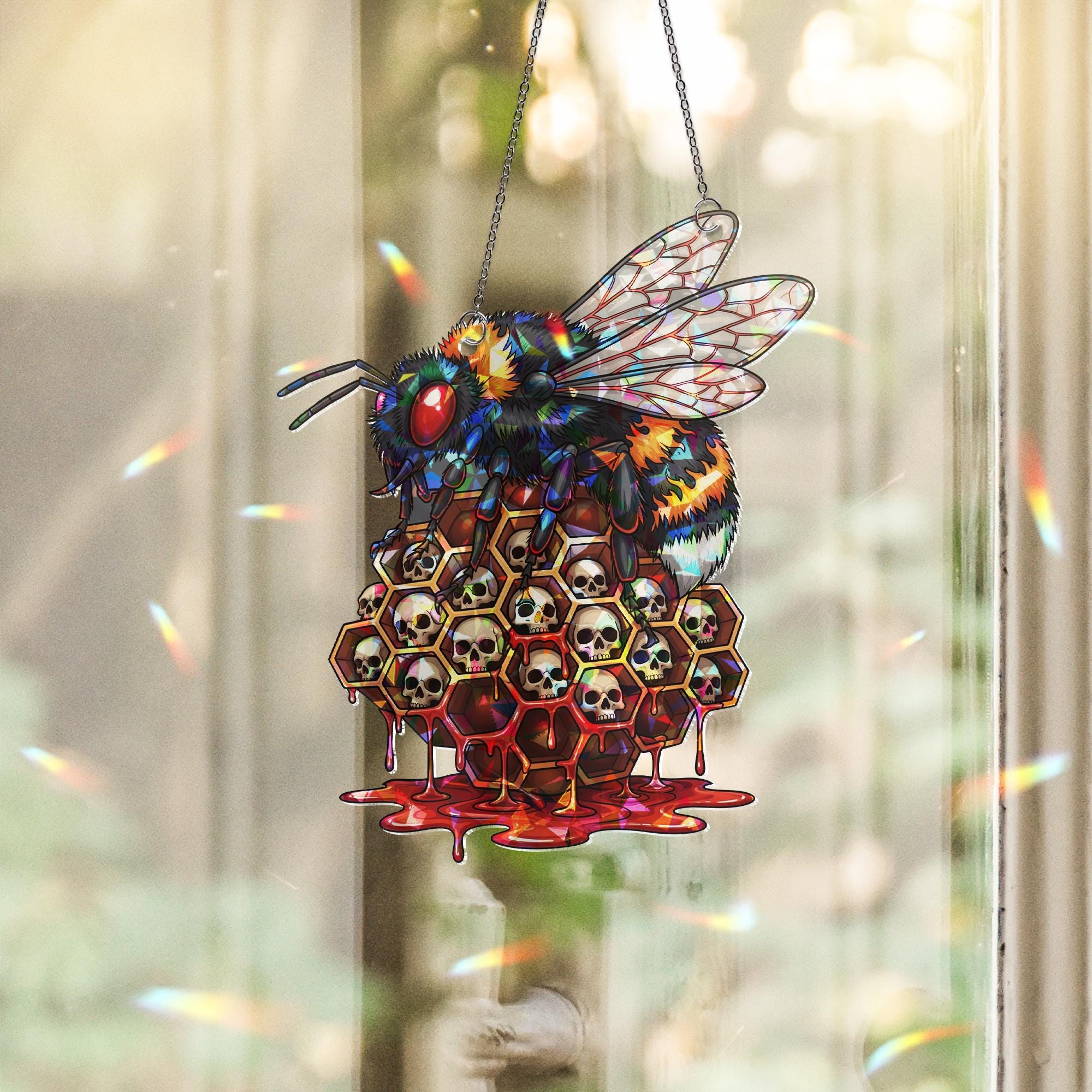 Gothic Bee Stained Glass Suncatcher - Skull Honeycomb Horror Window Decor