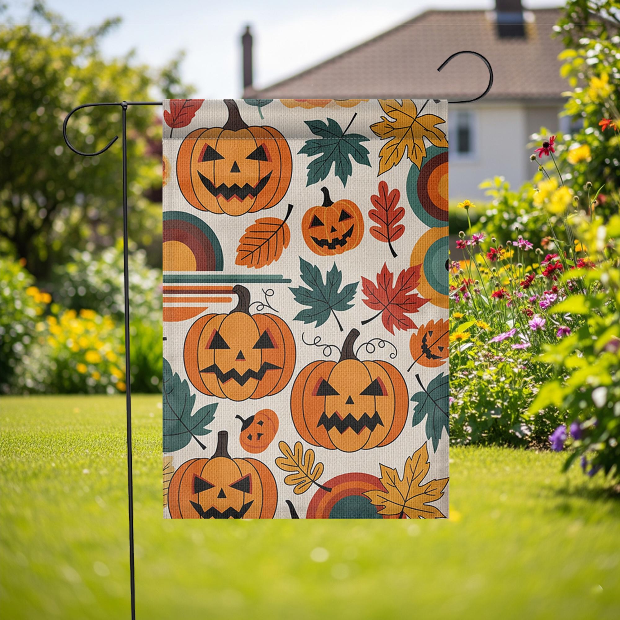 Retro Pumpkin Garden Flag - Fall Halloween Yard Decor with Colorful Leaves and Jack-O'-Lanterns, Vintage Autumn Outdoor Decoration