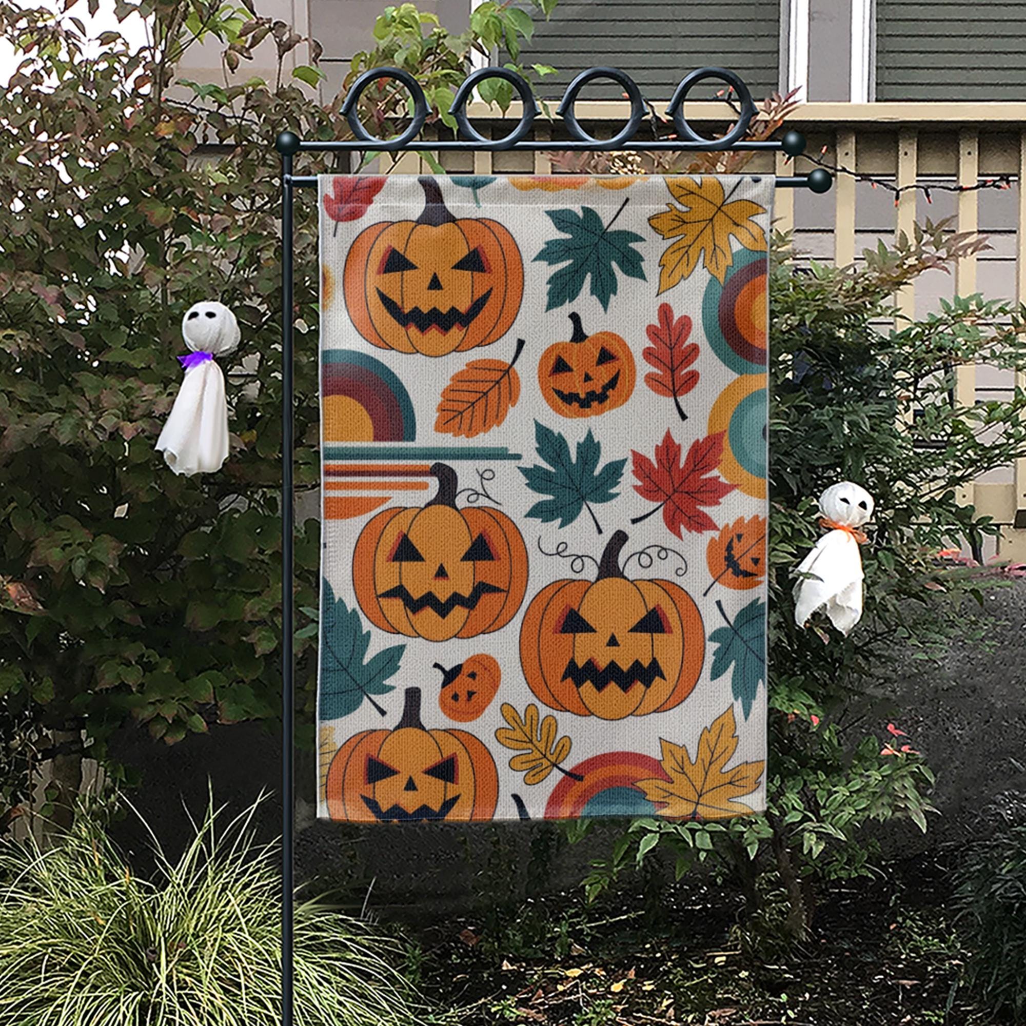 Retro Pumpkin Garden Flag - Fall Halloween Yard Decor with Colorful Leaves and Jack-O'-Lanterns, Vintage Autumn Outdoor Decoration