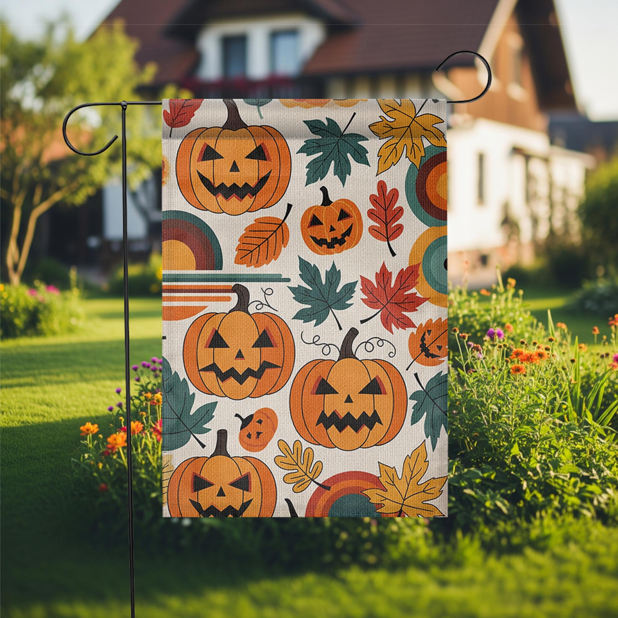 Retro Pumpkin Garden Flag - Fall Halloween Yard Decor with Colorful Leaves and Jack-O'-Lanterns, Vintage Autumn Outdoor Decoration