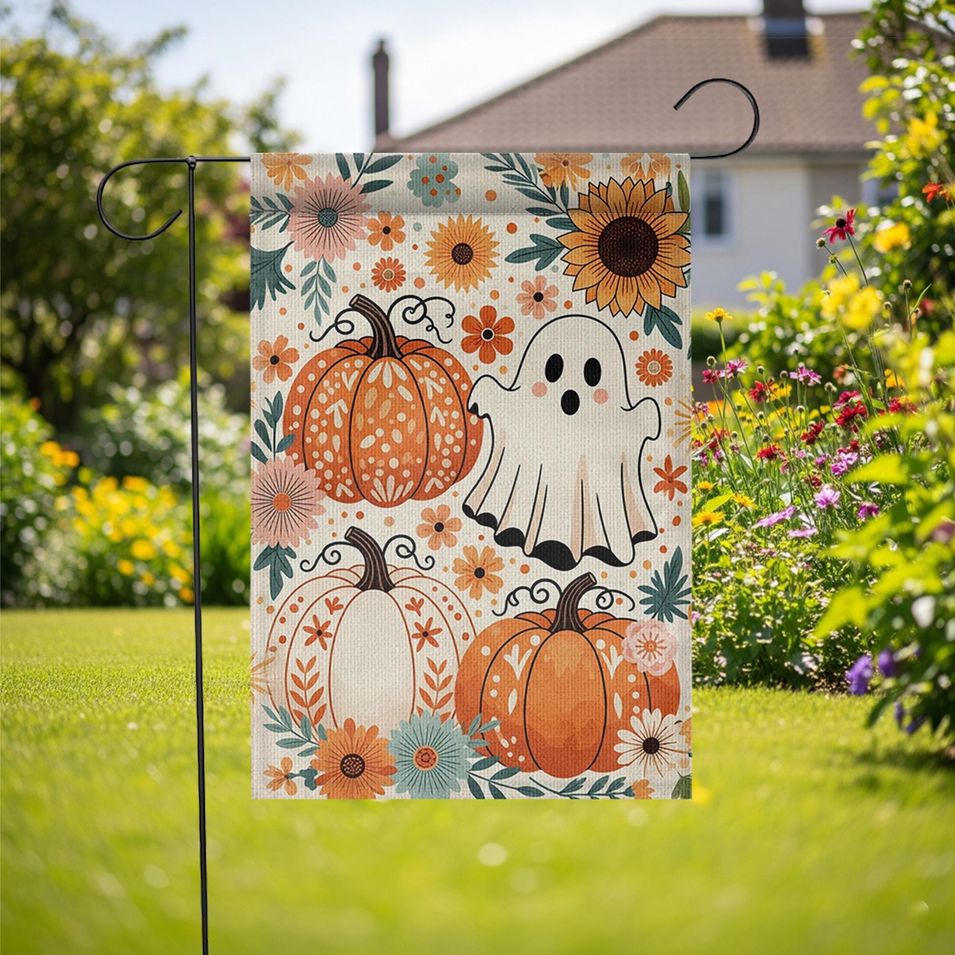 Cute Ghost and Pumpkin Garden Flag - Floral Halloween Fall Yard Decor, Boho Autumn Outdoor Sign with Sunflowers and Whimsical Style