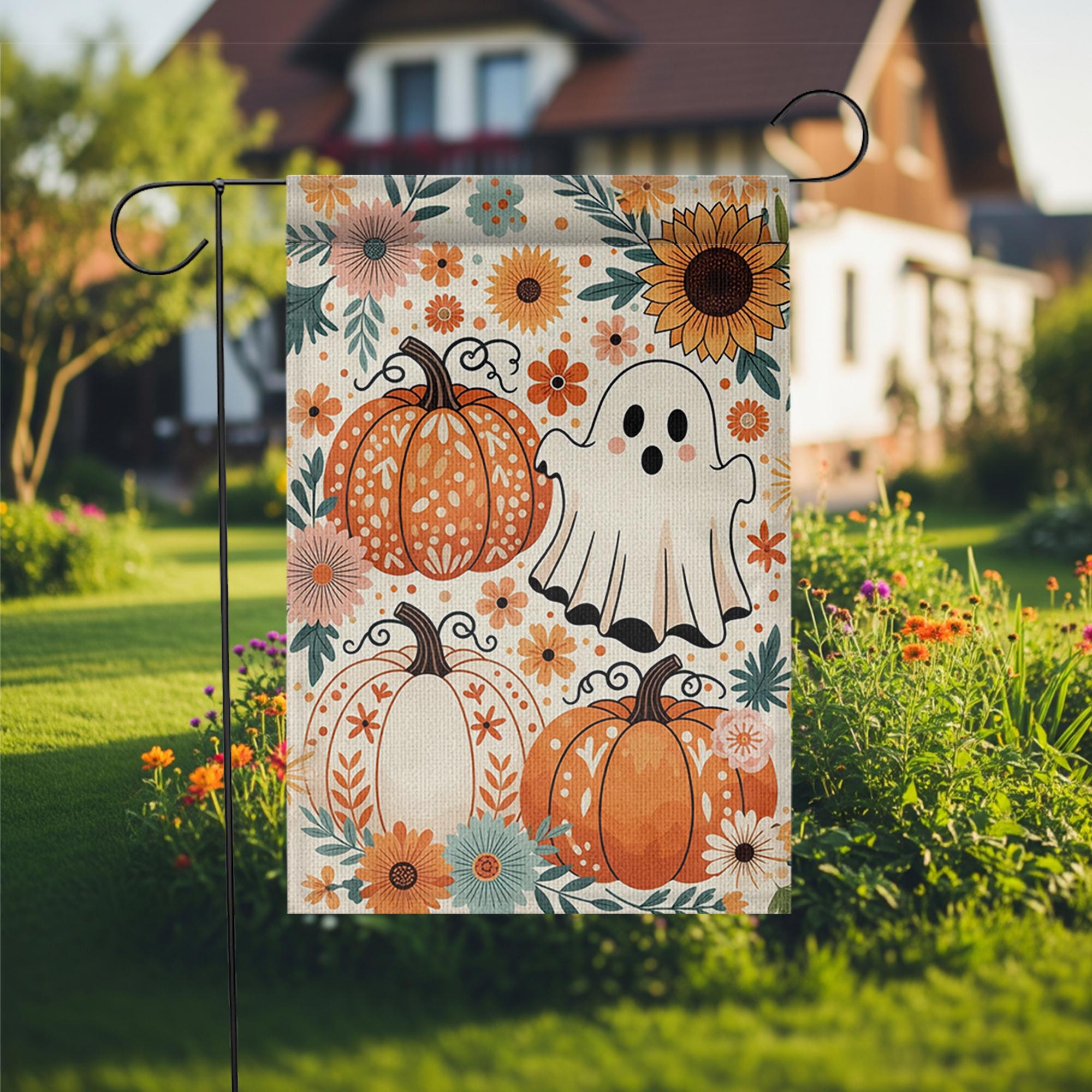 Cute Ghost and Pumpkin Garden Flag - Floral Halloween Fall Yard Decor, Boho Autumn Outdoor Sign with Sunflowers and Whimsical Style