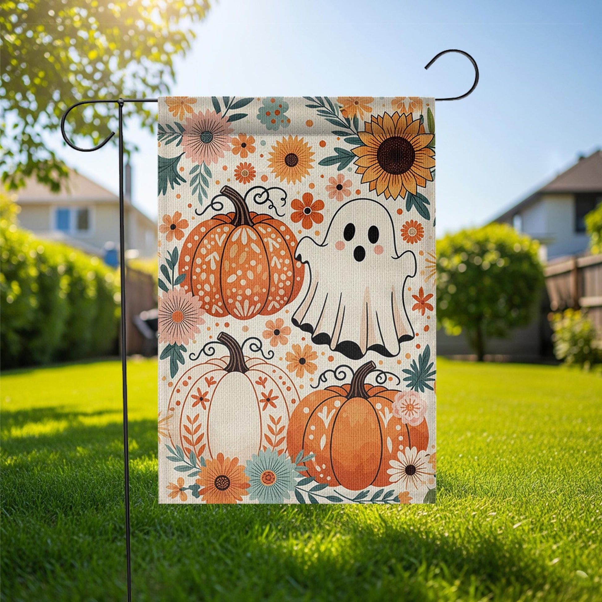 Cute Ghost and Pumpkin Garden Flag - Floral Halloween Fall Yard Decor, Boho Autumn Outdoor Sign with Sunflowers and Whimsical Style