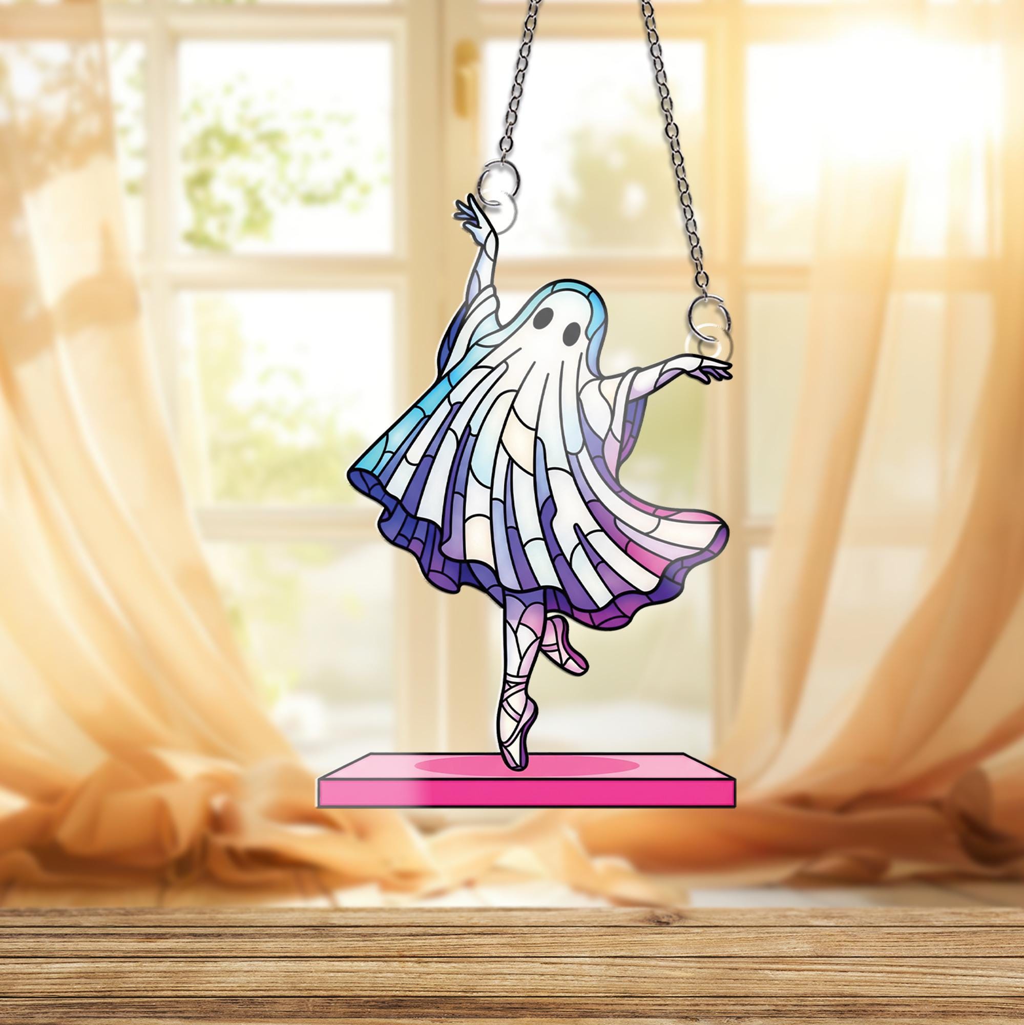 Ghost Ballerina Suncatcher - Cute Halloween Ballet Window Hanging, Stained Glass Style Ghost Dancer Decor for Spooky Fall Home Vibes
