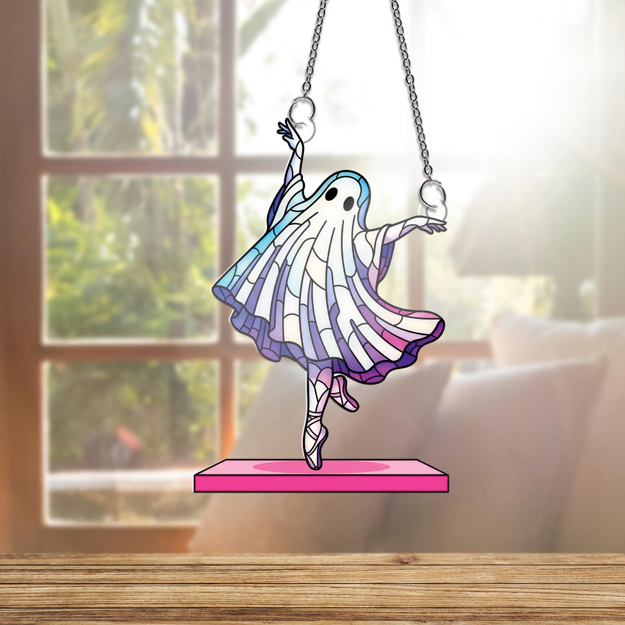 Ghost Ballerina Suncatcher - Cute Halloween Ballet Window Hanging, Stained Glass Style Ghost Dancer Decor for Spooky Fall Home Vibes