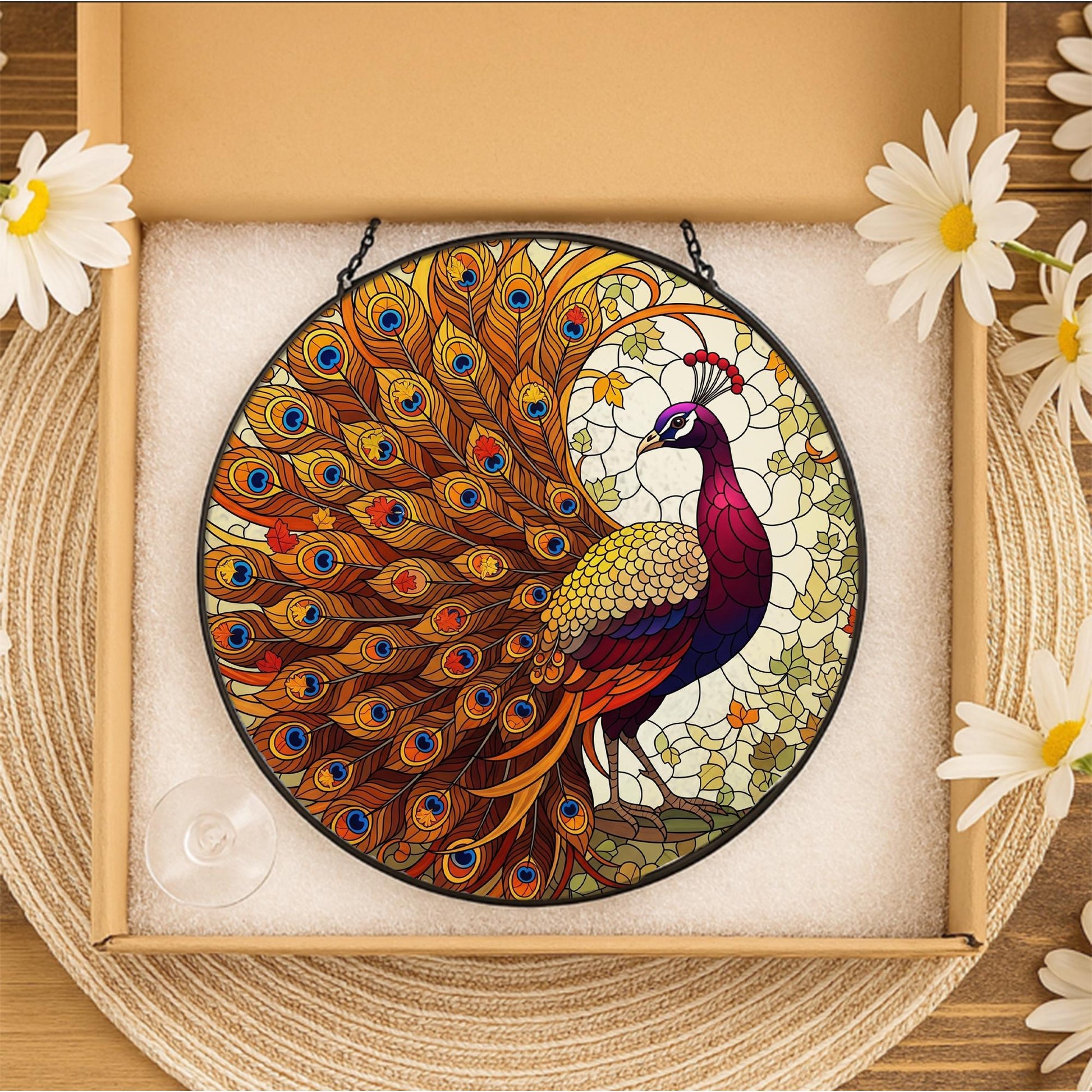 Peacock Stained Glass Suncatcher - Round Window Hanging Bird Decor Gift