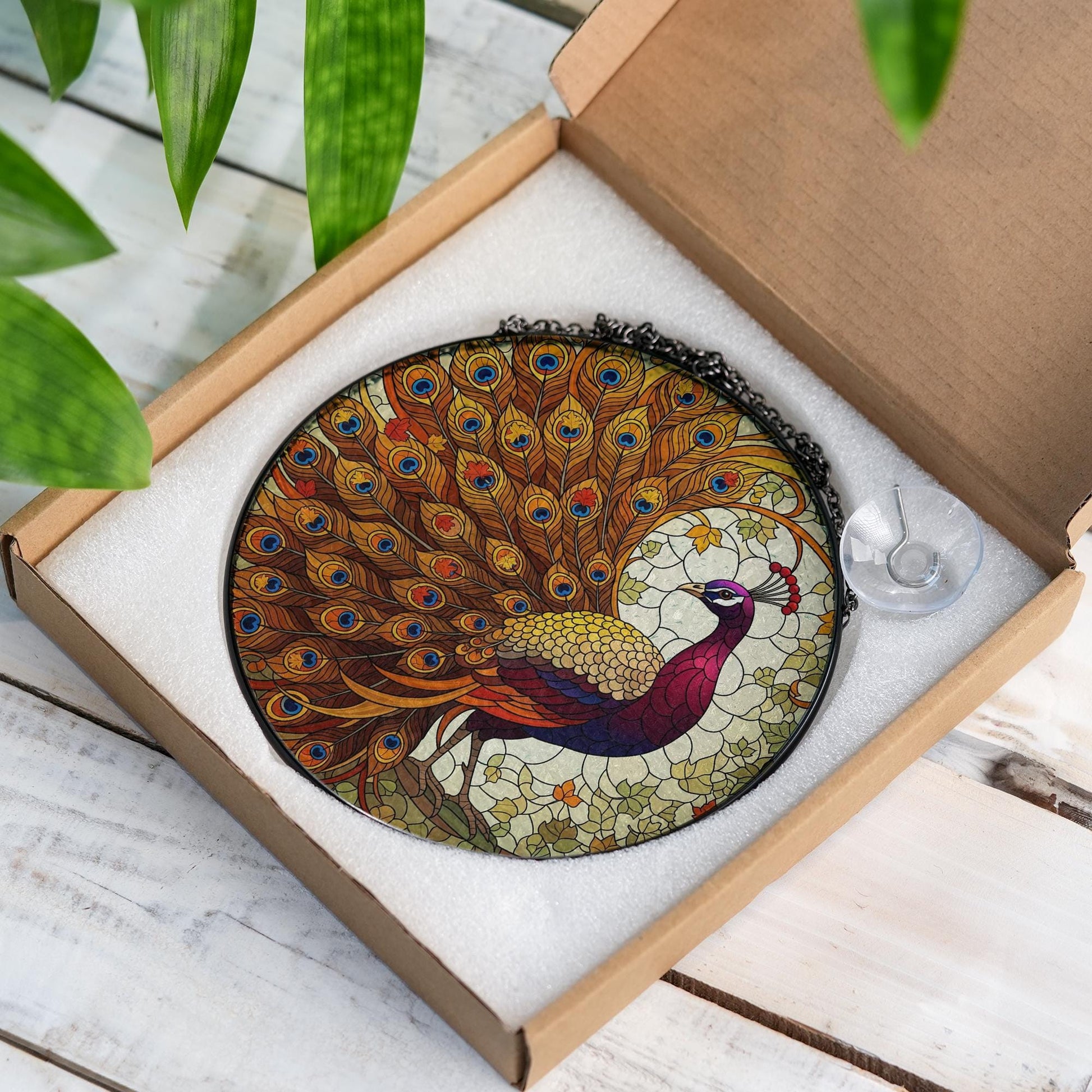 Peacock Stained Glass Suncatcher - Round Window Hanging Bird Decor Gift