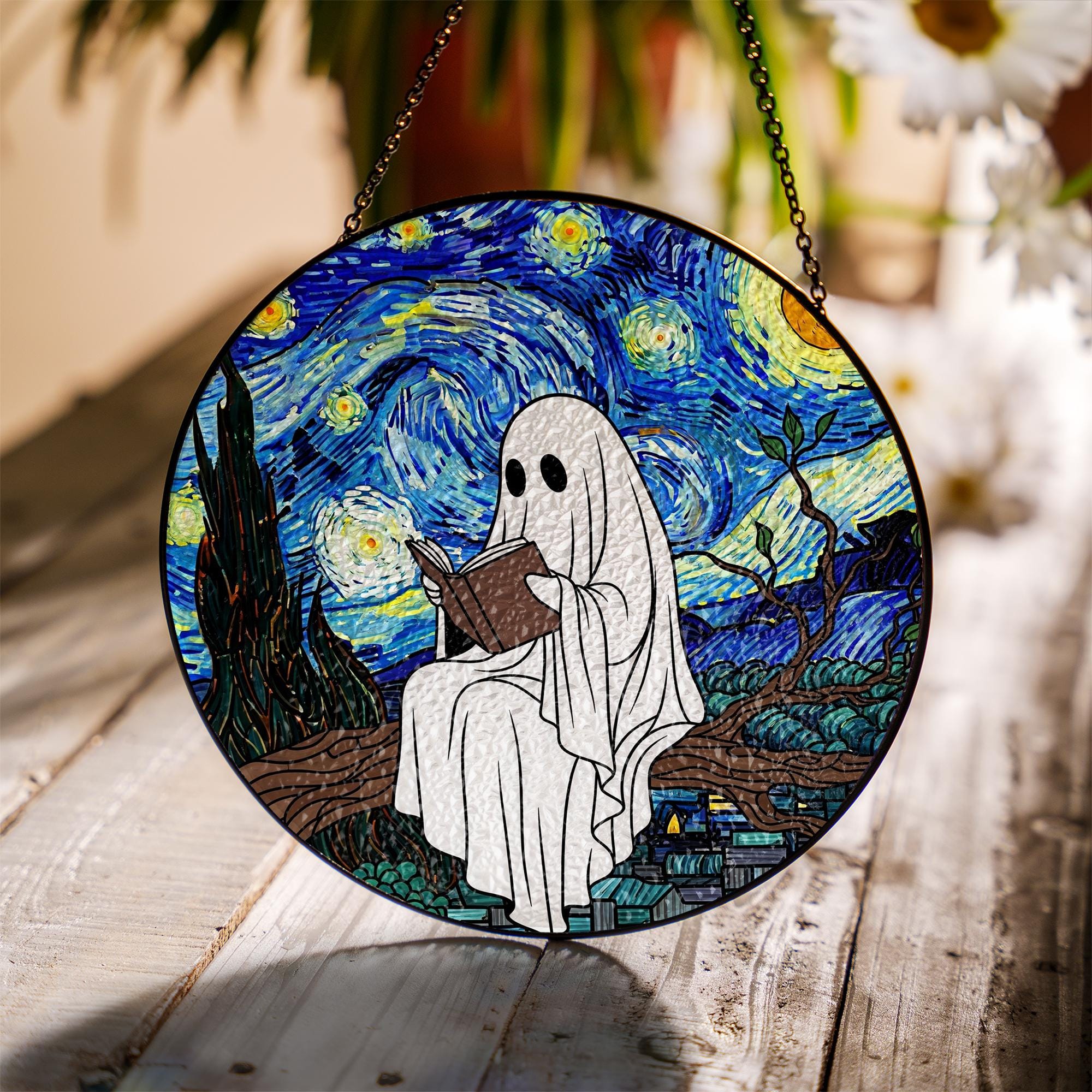 Ghost Reading Starry Night Suncatcher - Faux Stained Glass Window Hanging, Spooky Cute Halloween Decor for Book Lovers and Art Fans