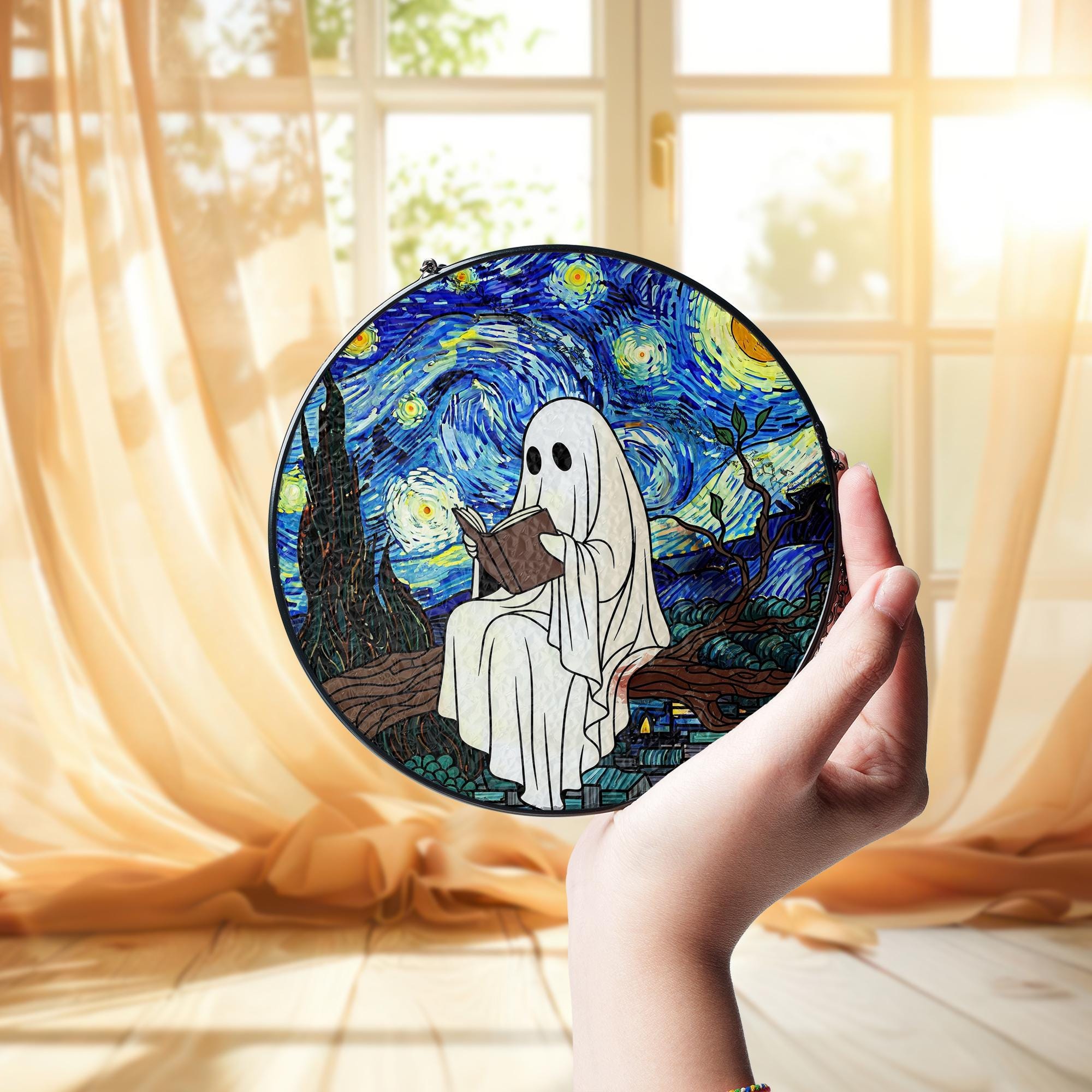 Ghost Reading Starry Night Suncatcher - Faux Stained Glass Window Hanging, Spooky Cute Halloween Decor for Book Lovers and Art Fans