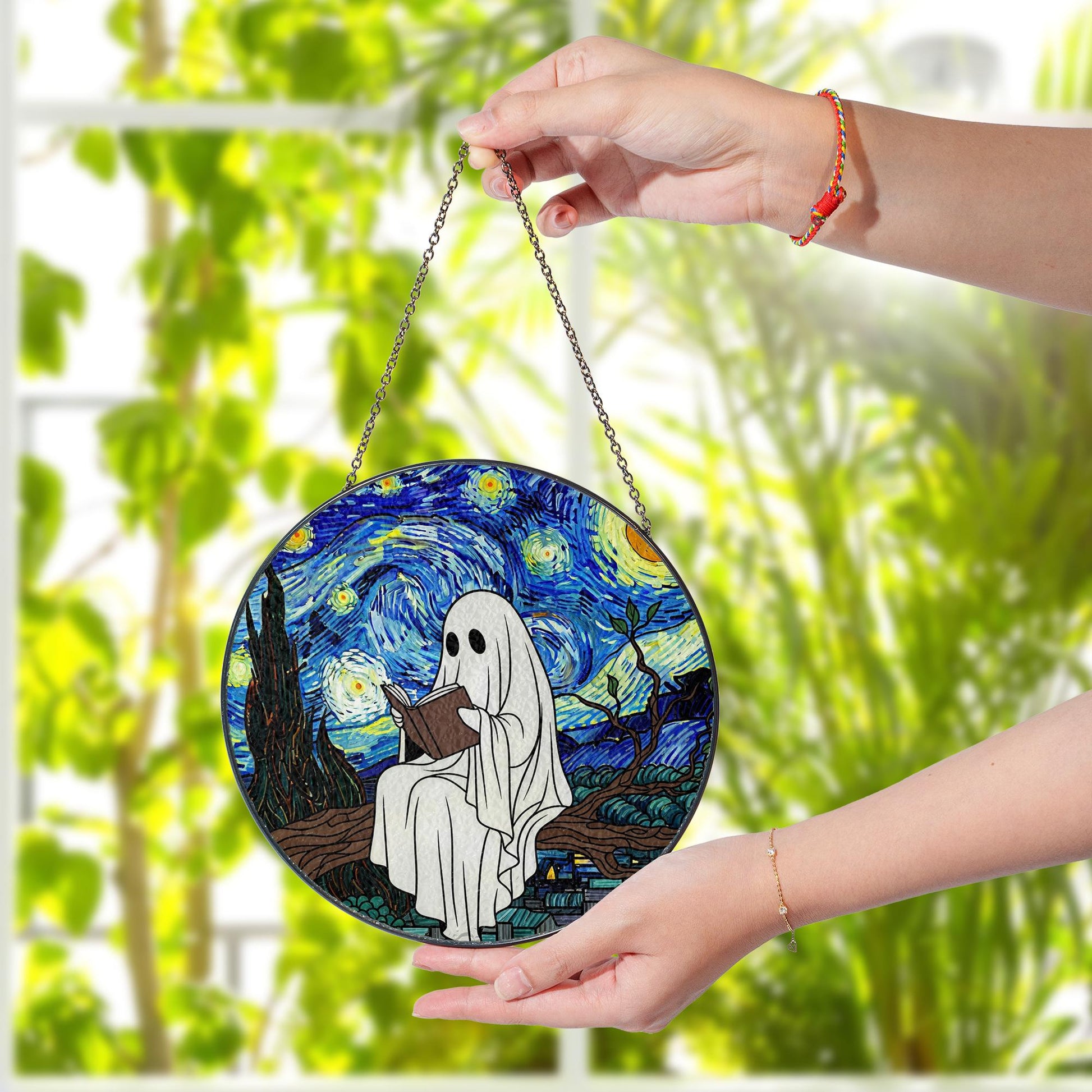 Ghost Reading Starry Night Suncatcher - Faux Stained Glass Window Hanging, Spooky Cute Halloween Decor for Book Lovers and Art Fans