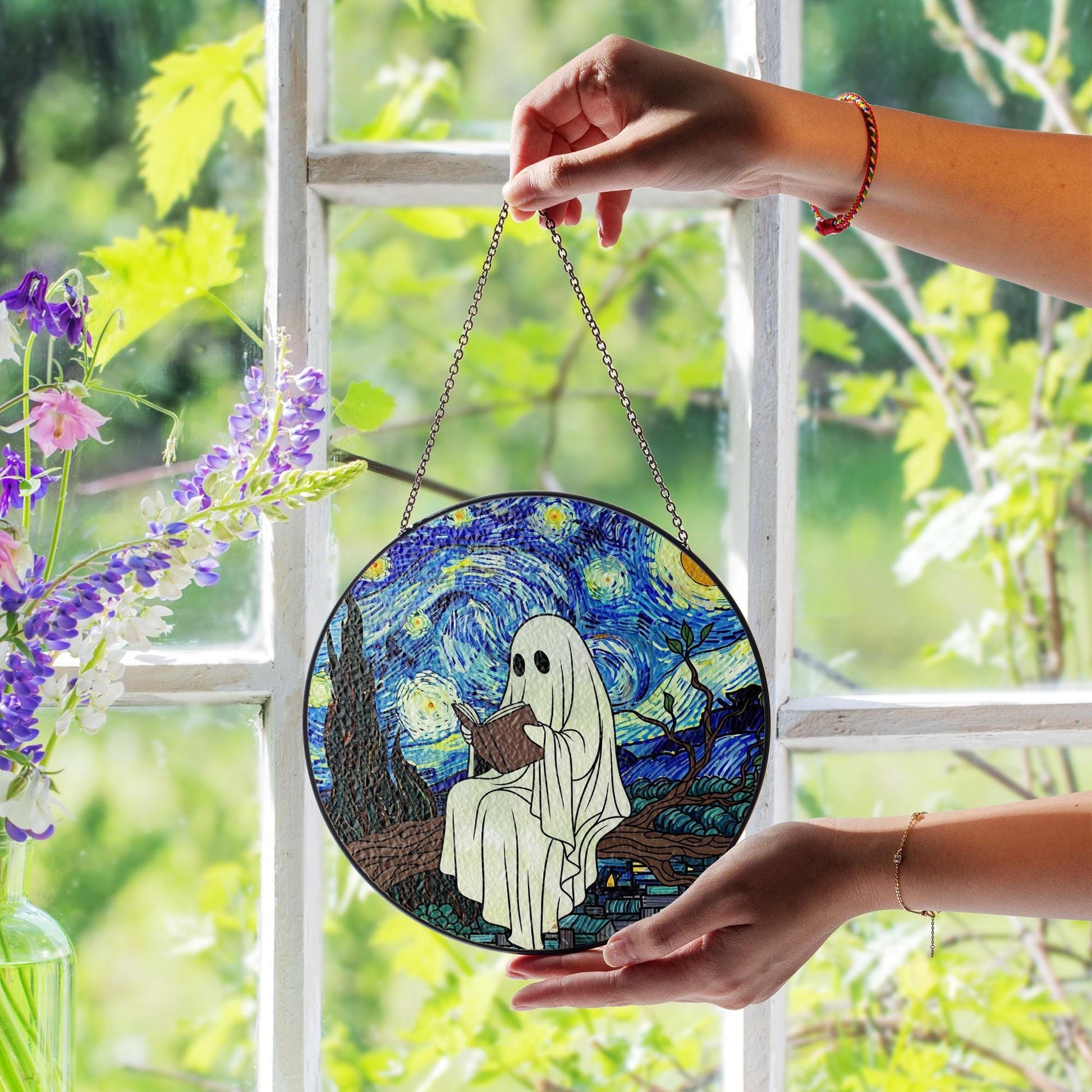 Ghost Reading Starry Night Suncatcher - Faux Stained Glass Window Hanging, Spooky Cute Halloween Decor for Book Lovers and Art Fans
