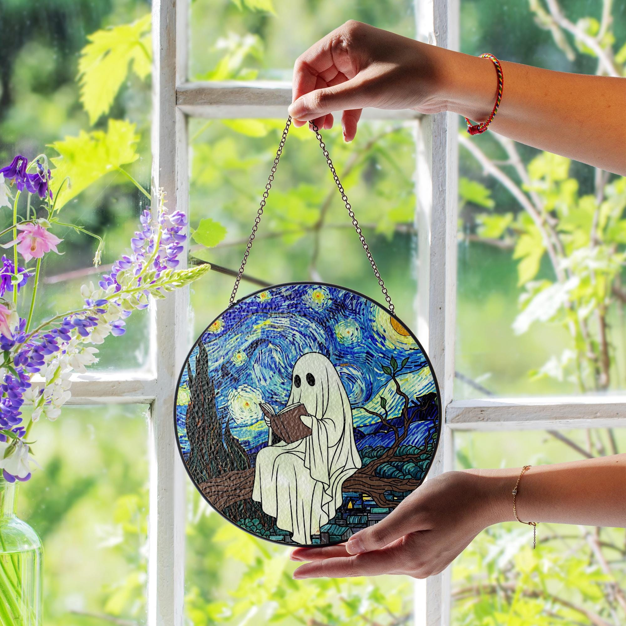 Ghost Reading Starry Night Suncatcher - Faux Stained Glass Window Hanging, Spooky Cute Halloween Decor for Book Lovers and Art Fans