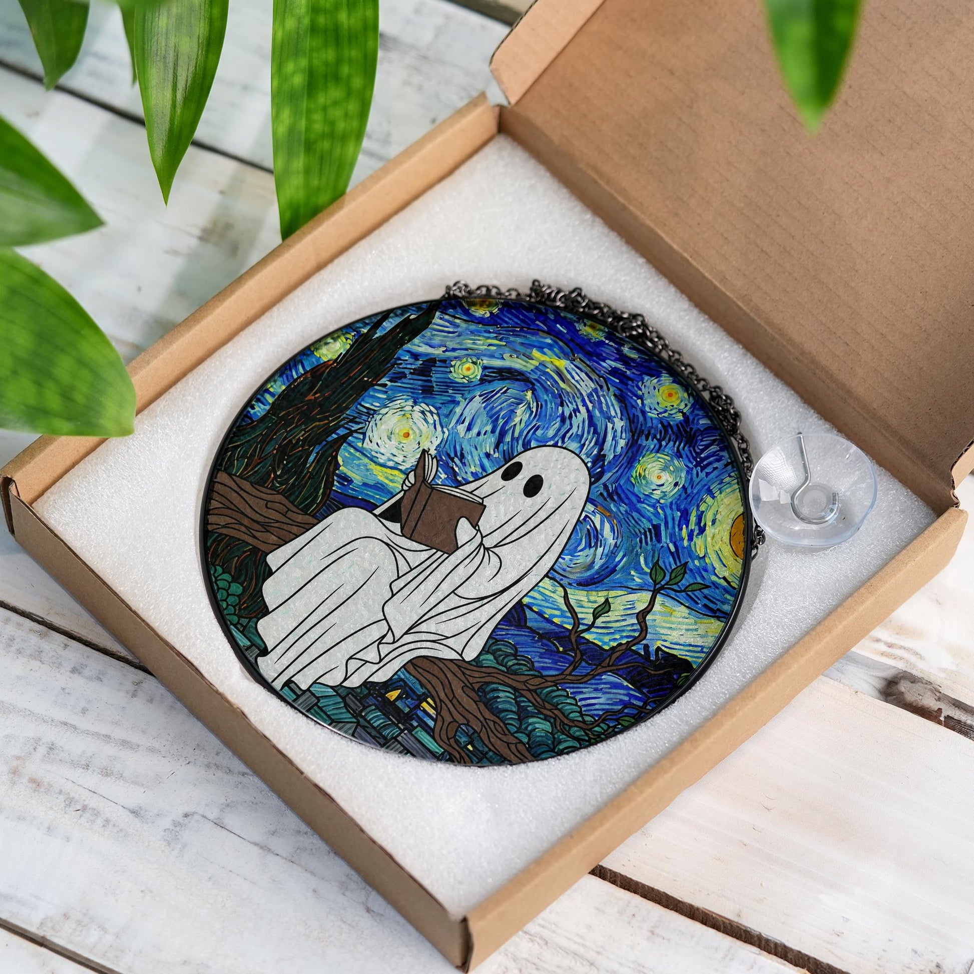 Ghost Reading Starry Night Suncatcher - Faux Stained Glass Window Hanging, Spooky Cute Halloween Decor for Book Lovers and Art Fans