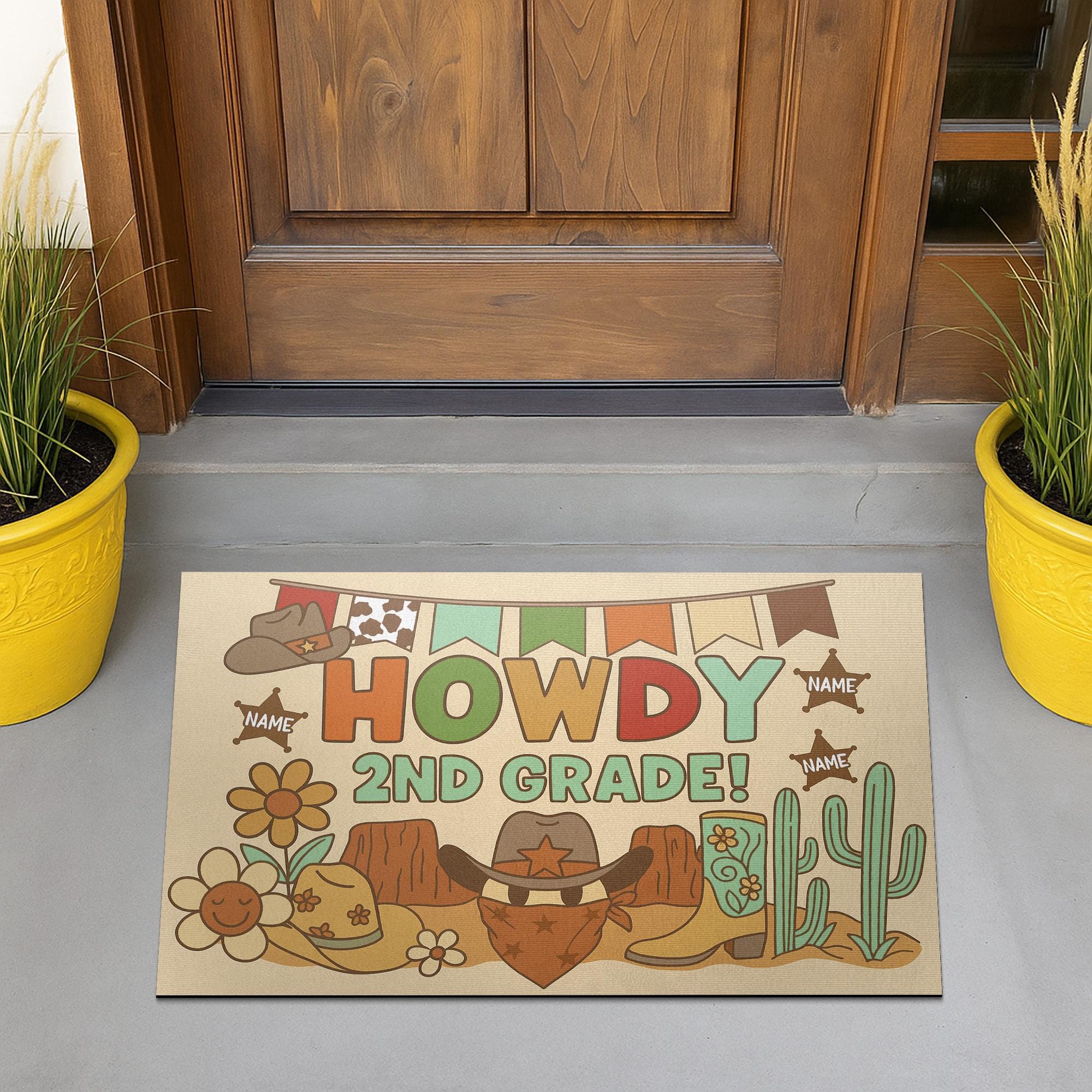 Howdy 2nd Grade Doormat, Personalized Western Cowboy Classroom Rug, Back to School Teacher Entry Mat, Rustic Country Decor, School Decor Rug