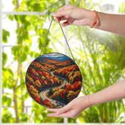 Autumn Mountain Road Suncatcher - Faux Stained Glass Window Hanging, Fall Foliage Drive Scenic Decor for Cozy Nature-Lover Home