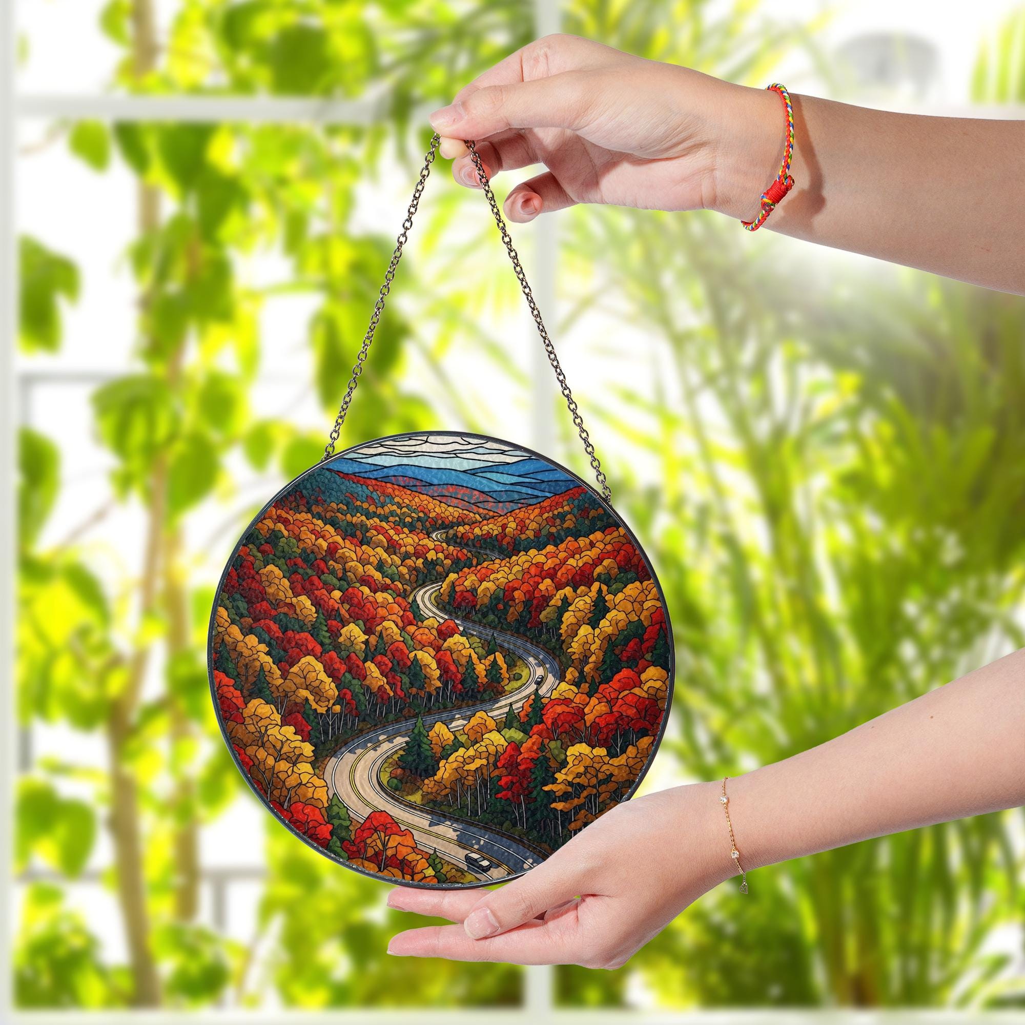 Autumn Mountain Road Suncatcher - Faux Stained Glass Window Hanging, Fall Foliage Drive Scenic Decor for Cozy Nature-Lover Home