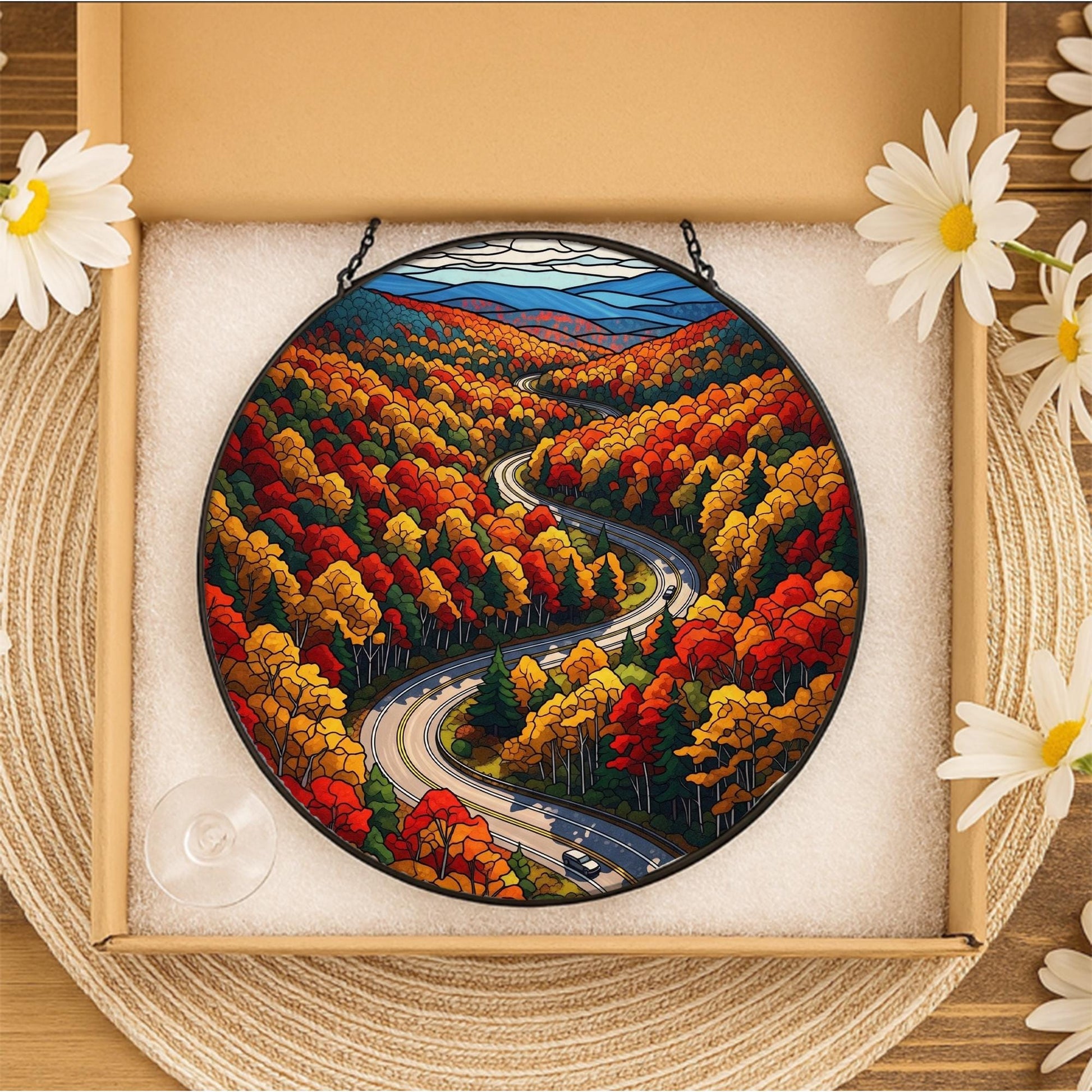 Autumn Mountain Road Suncatcher - Faux Stained Glass Window Hanging, Fall Foliage Drive Scenic Decor for Cozy Nature-Lover Home