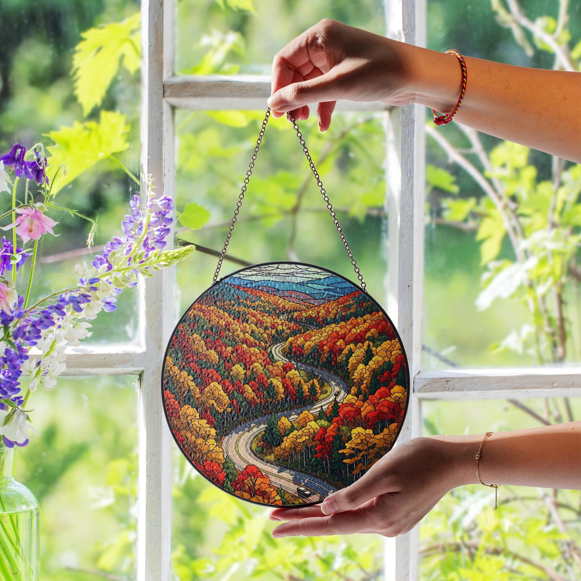Autumn Mountain Road Suncatcher - Faux Stained Glass Window Hanging, Fall Foliage Drive Scenic Decor for Cozy Nature-Lover Home