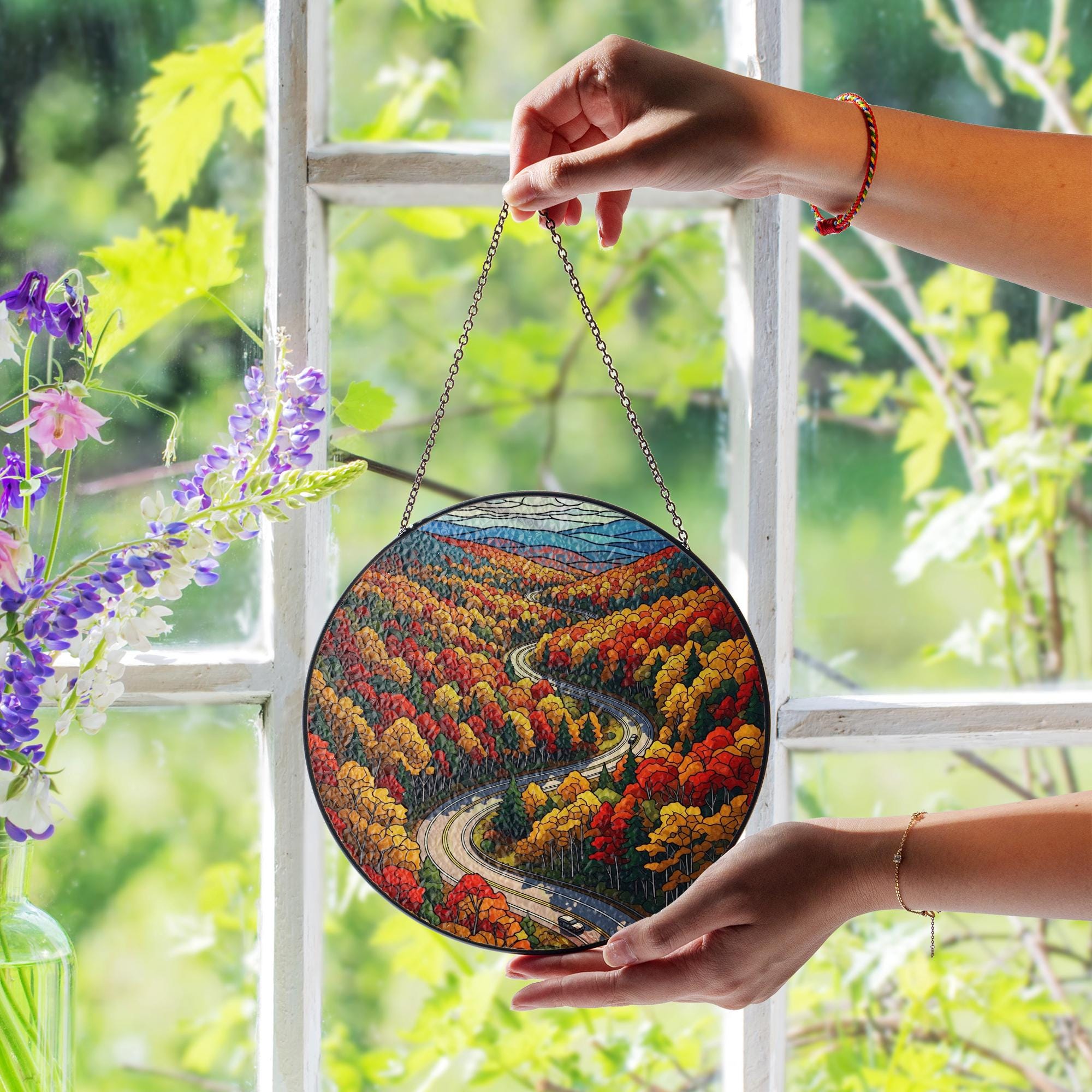 Autumn Mountain Road Suncatcher - Faux Stained Glass Window Hanging, Fall Foliage Drive Scenic Decor for Cozy Nature-Lover Home